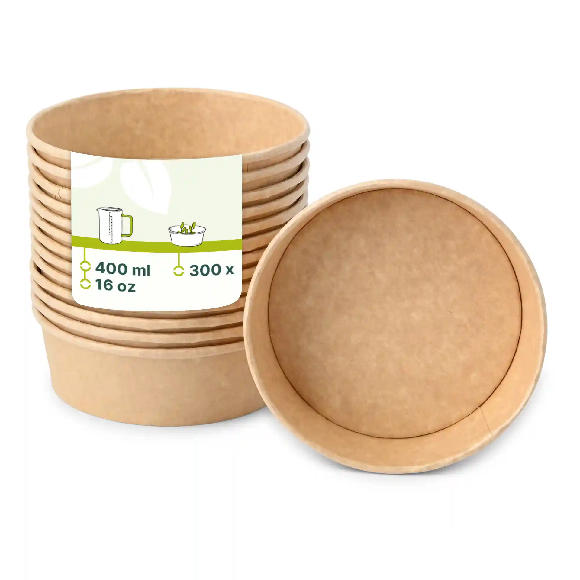 Empilement de bols en papier brun avec une étiquette indiquant une capacité de 400 ml et des dimensions, un bol est à l'envers.