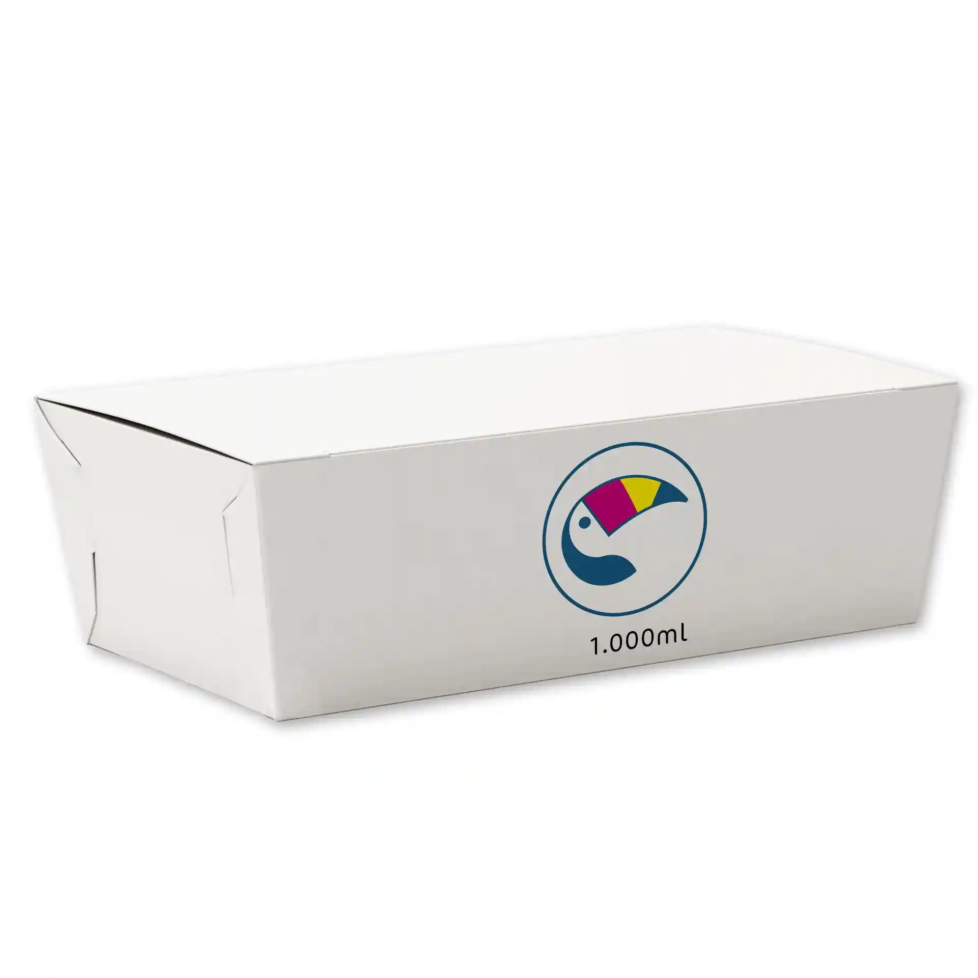 Boîte à snacks blanche avec logo imprimé, mesurant 220 mm de long, 114 mm de large et 47 mm de haut.