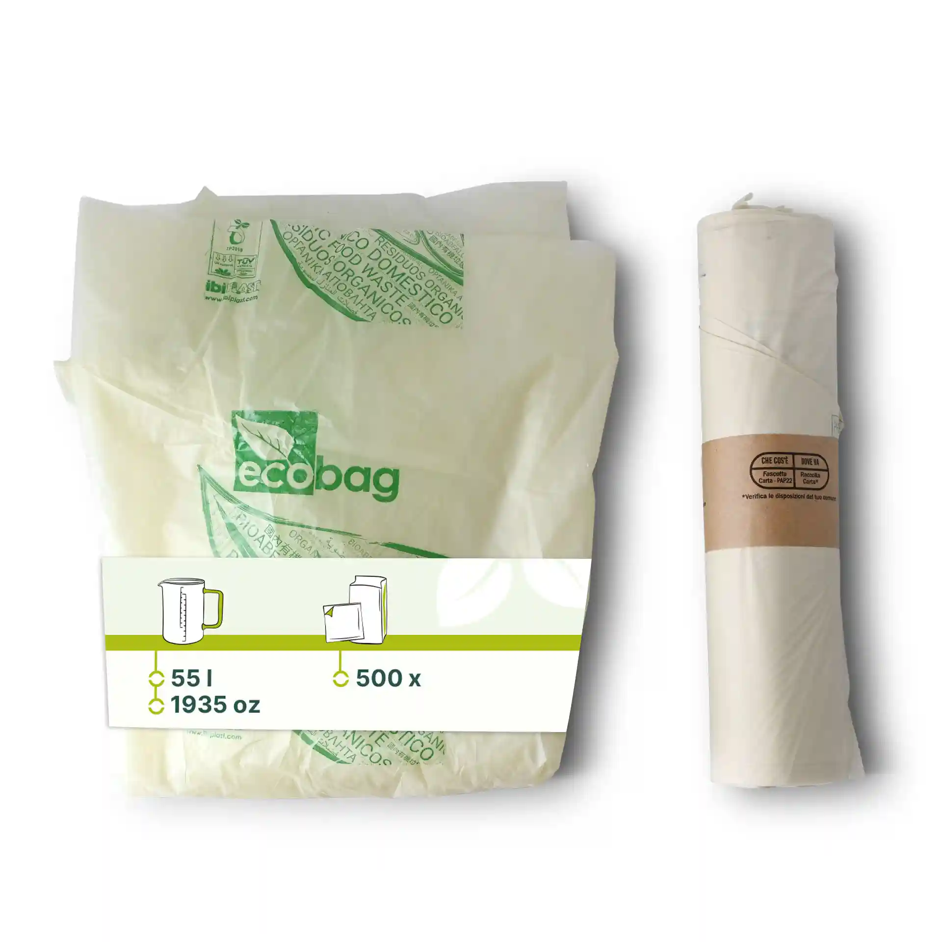Sacs poubelle bio transparents en PLA, 70x70 cm, d'une capacité de 55 litres, présentés en rouleau et à plat.