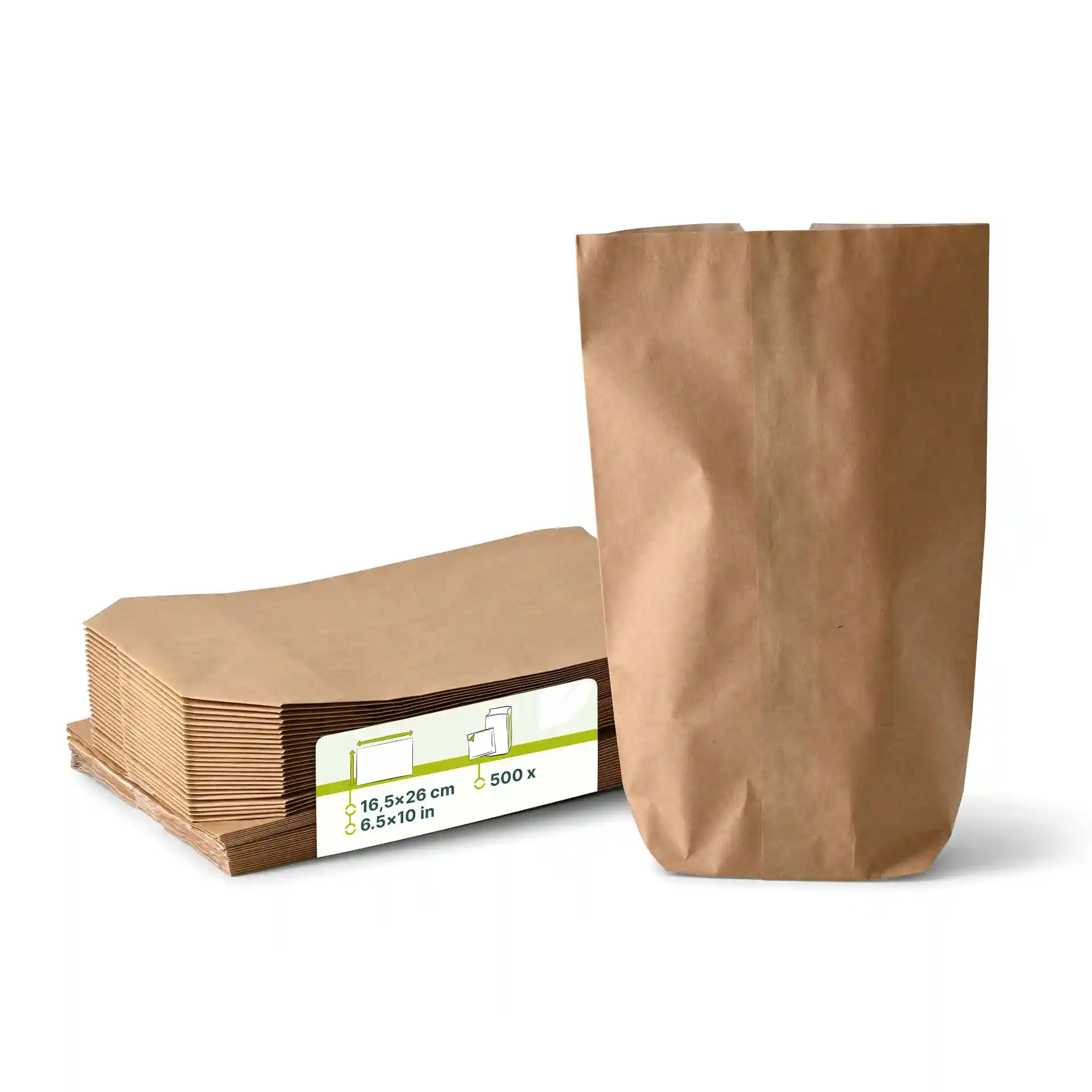 Sac à snacks en papier brun, double couche, mesurant 16,5 x 26 x 6 cm, avec une pile de sacs derrière.