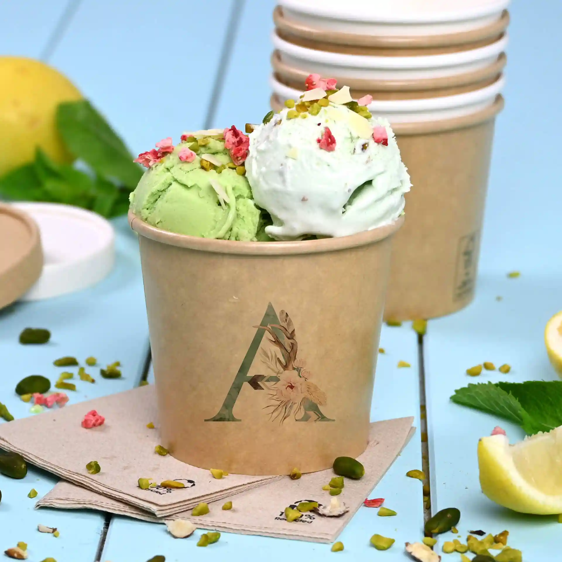 Gobelet en carton marron rempli de glace verte et blanche, garni de pistaches et de paillettes roses.