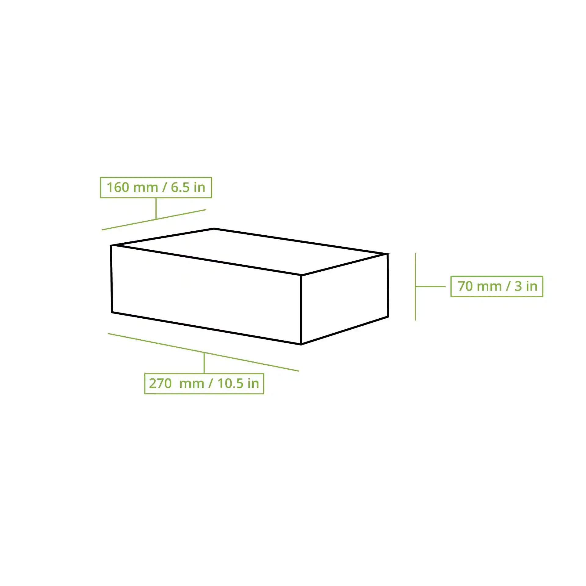 Dessin schématique d'une boîte rectangulaire avec des dimensions étiquetées : 270 mm de longueur, 160 mm de largeur et 70 mm de hauteur.