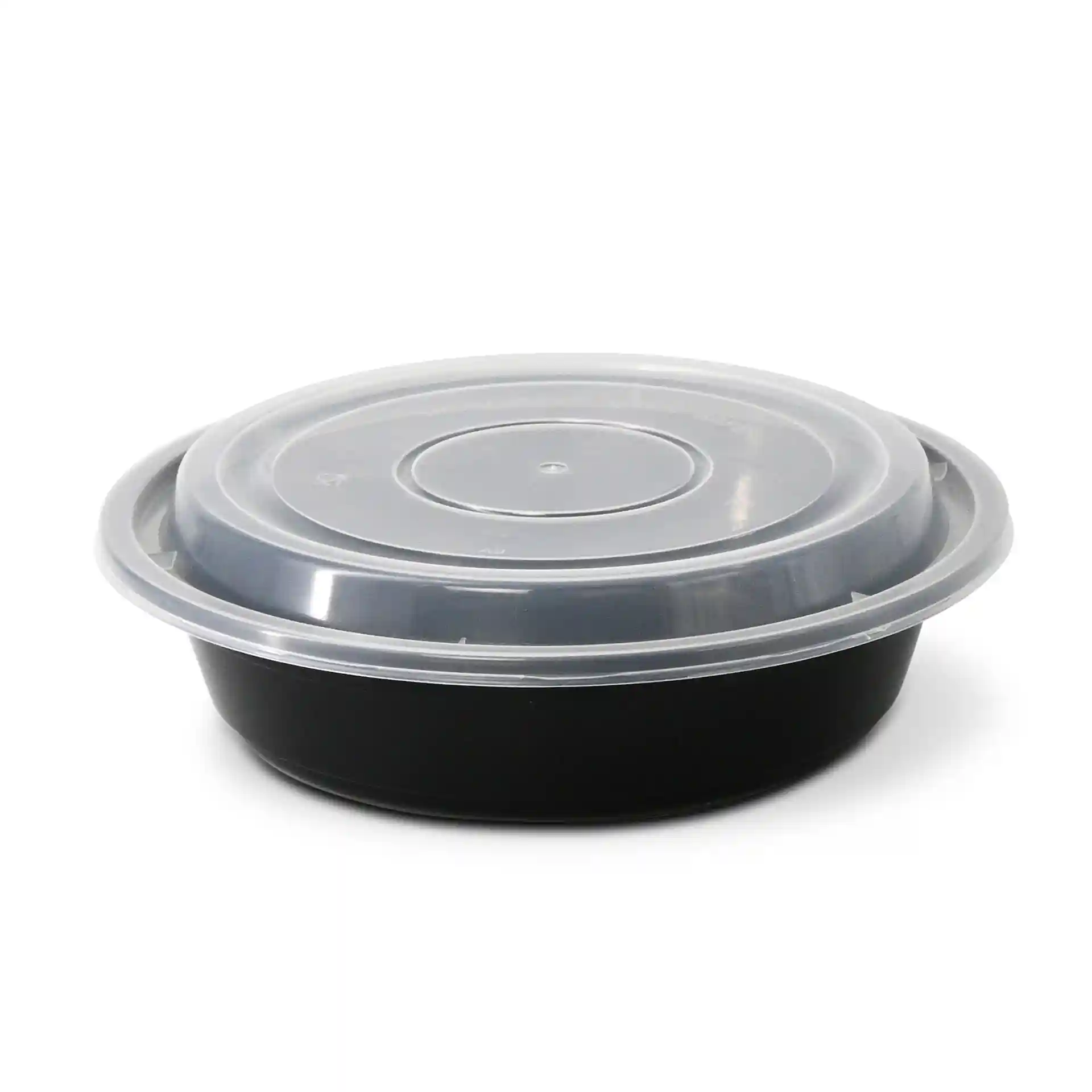 Assiette noire ronde réutilisable avec couvercle transparent, capacité de 700 ml, diamètre de 182 mm.