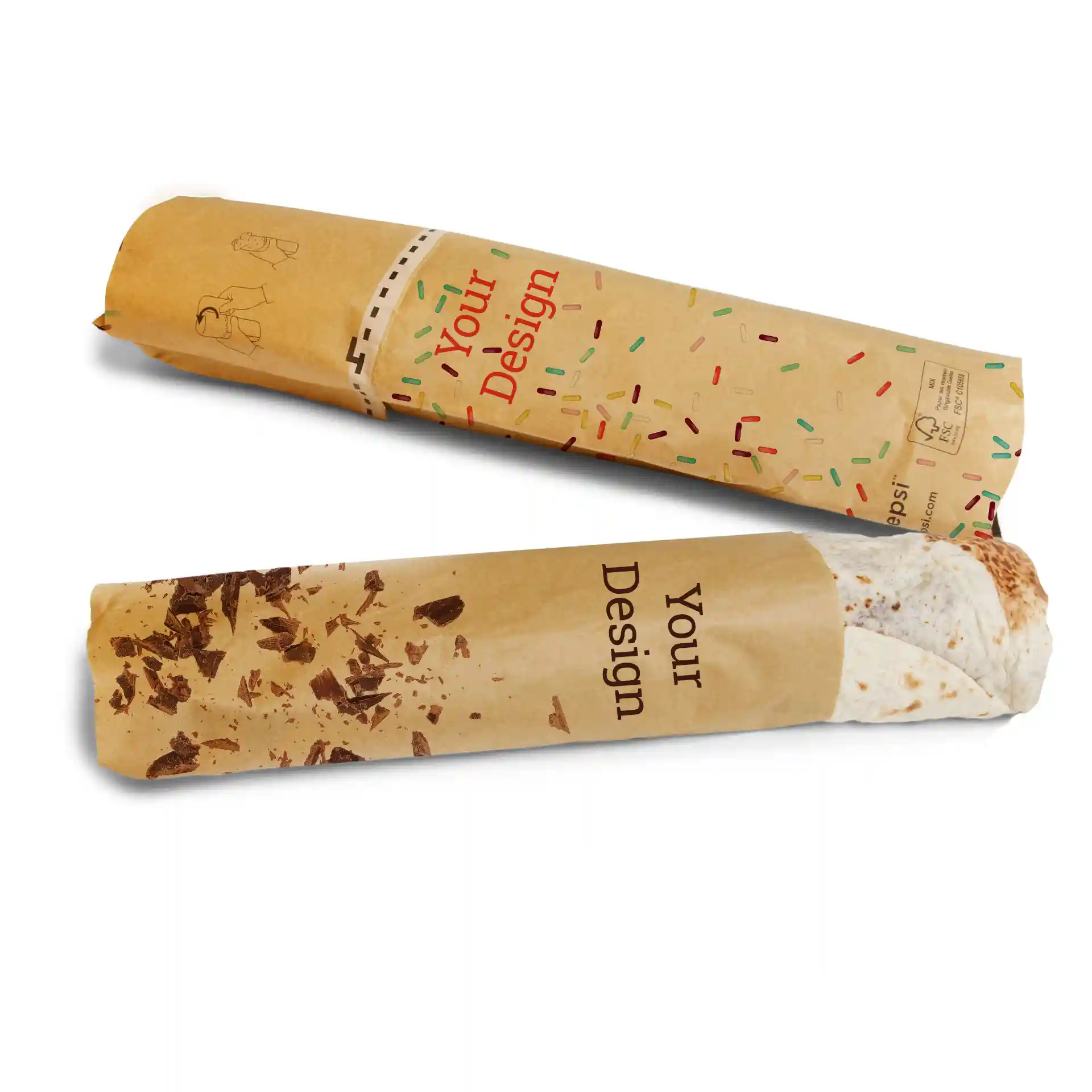 Deux emballages imprimés avec des designs différents, l'un avec des vermicelles colorés et l'autre avec des copeaux de chocolat.