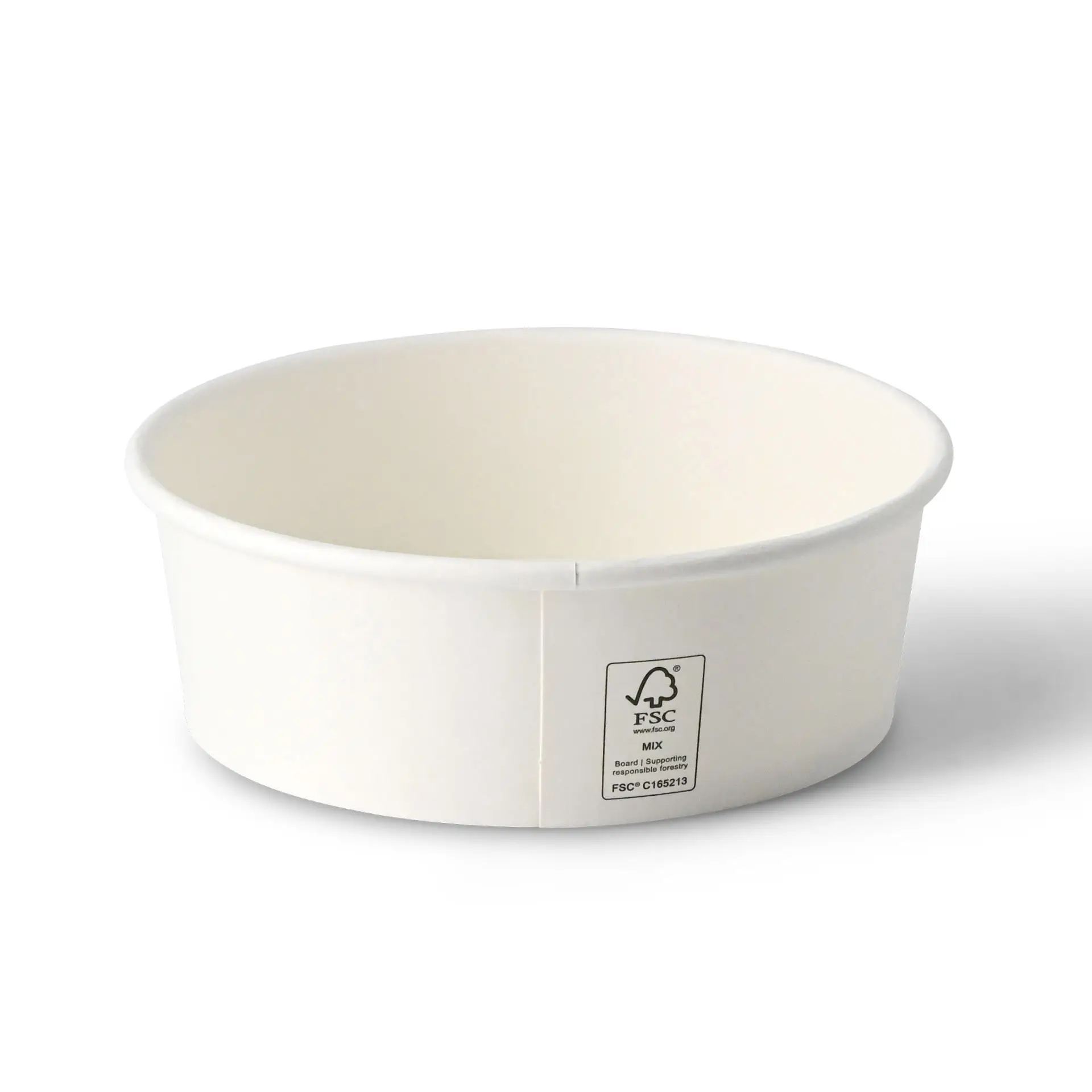 Bol en papier rond blanc de 150 mm de diamètre et 52 mm de hauteur, avec une étiquette visible sur le côté.