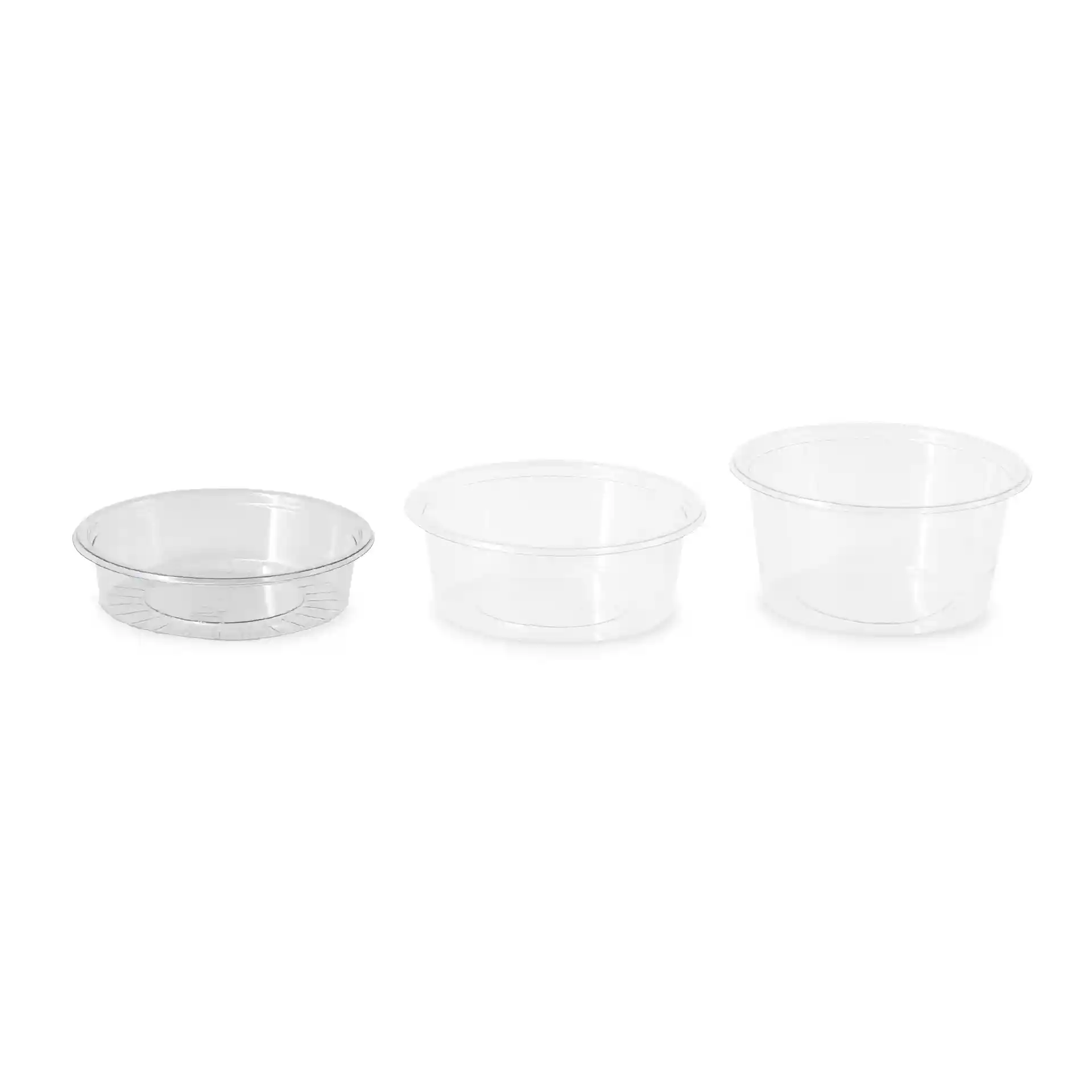 Image de trois pots à sauce rPET transparents, de hauteurs et diamètres variés, sur un fond uni.