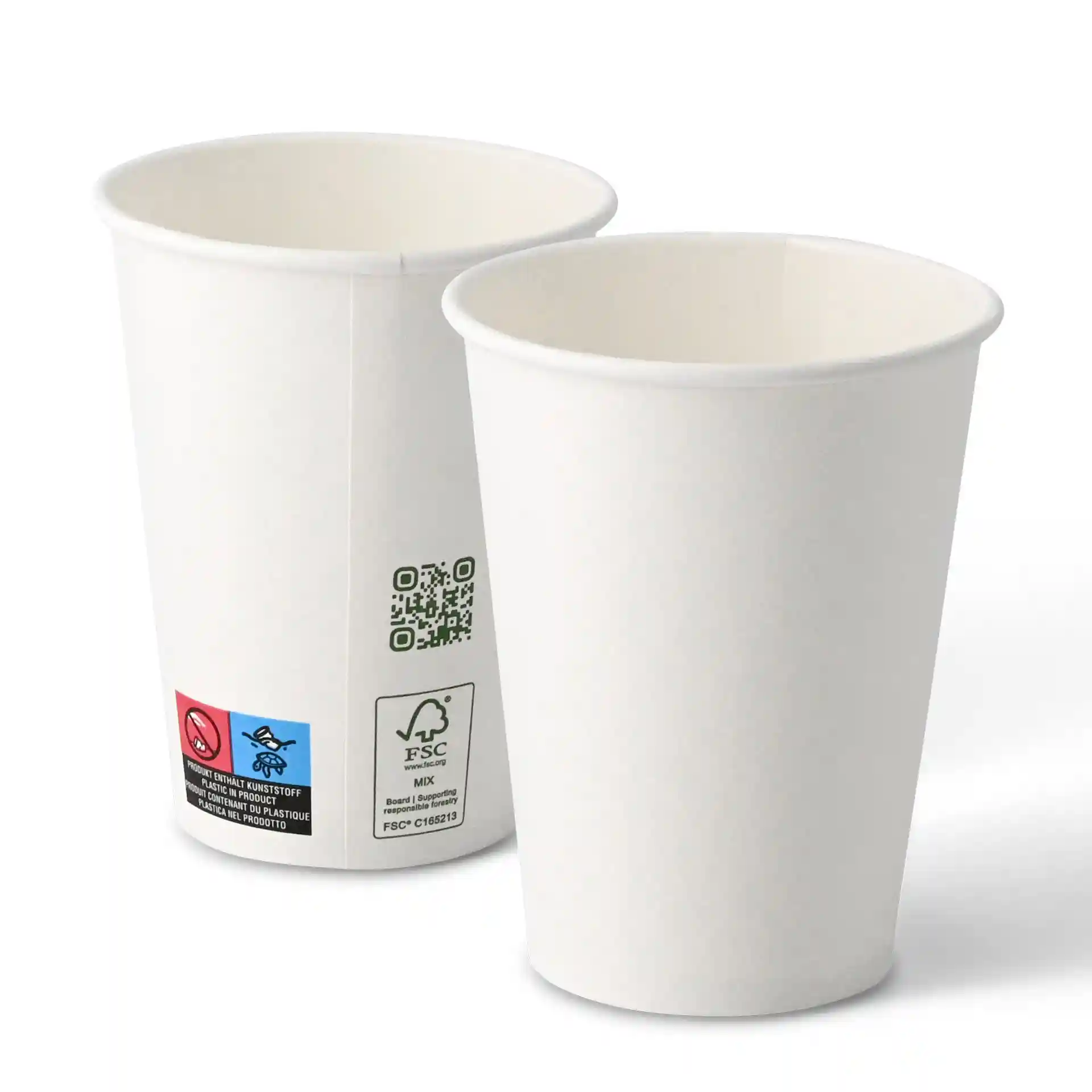 Gobelets en papier blancs à paroi simple, capacité de 300 ml et diamètre de 90 mm, montrant une étiquette avec des symboles.