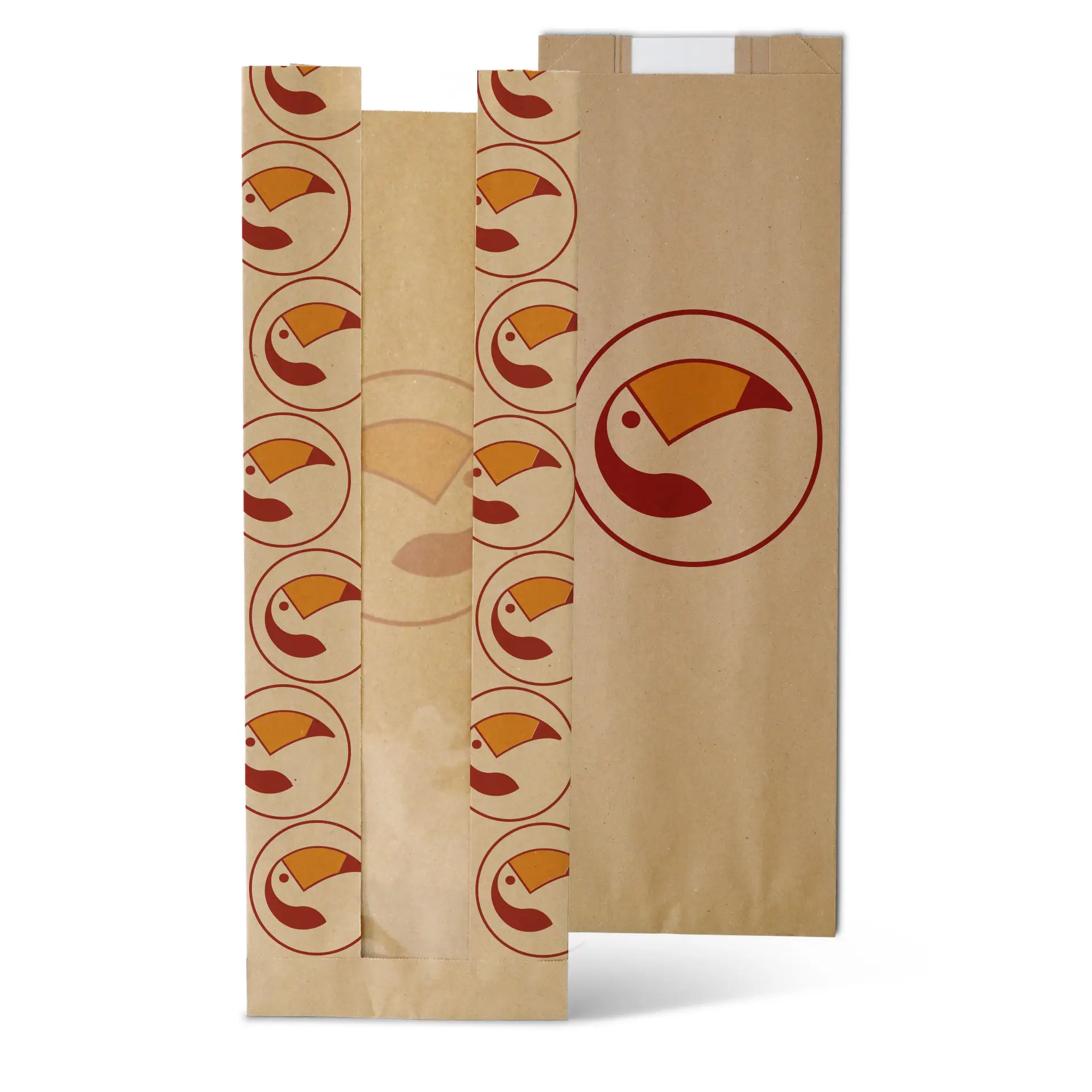 Sac en papier imprimé avec fenêtre, présentant un design de logo toucan ; fabriqué en papier kraft biodégradable.