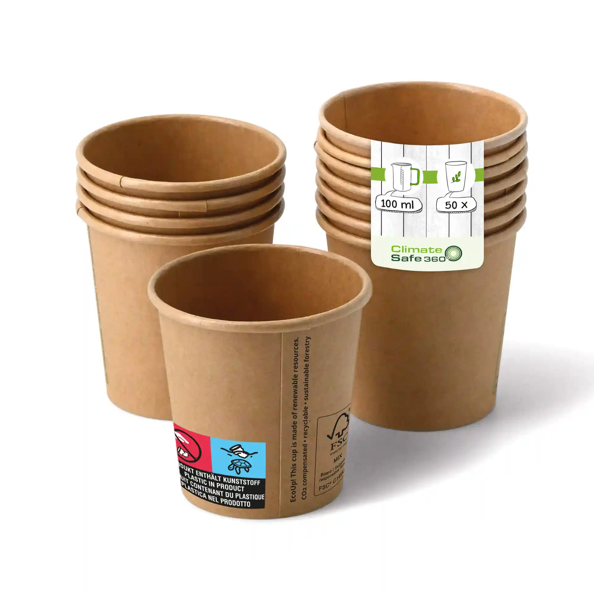 Gobelets en papier brun empilés, avec un gobelet devant montrant une étiquette, en carton, capacité de 100 ml.