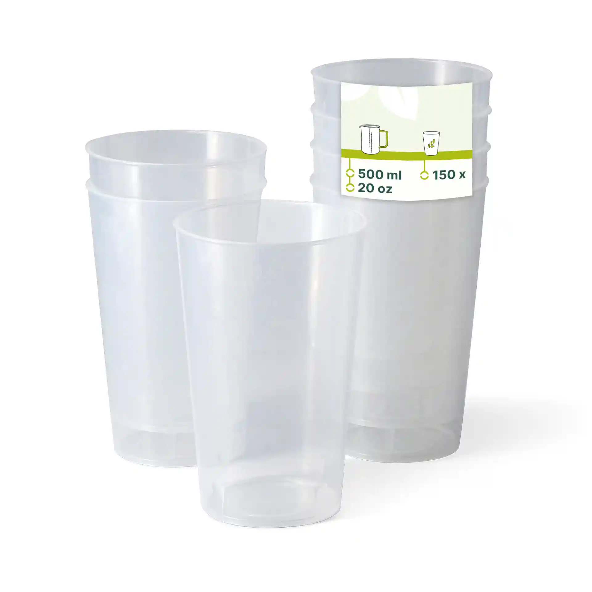 Gobelets réutilisables transparents de 138 mm de hauteur et 90 mm de diamètre, présentés en groupe de trois.