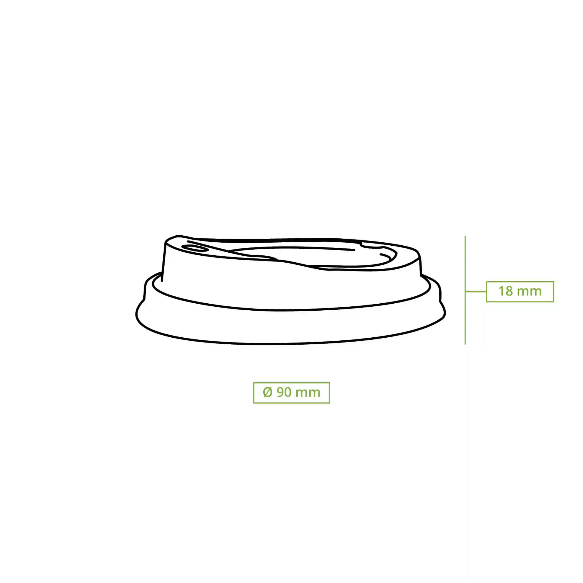 Dessin schématique d'un couvercle CPLA blanc avec un trou pour boire, dimensions 90 mm de diamètre et 18 mm de hauteur.