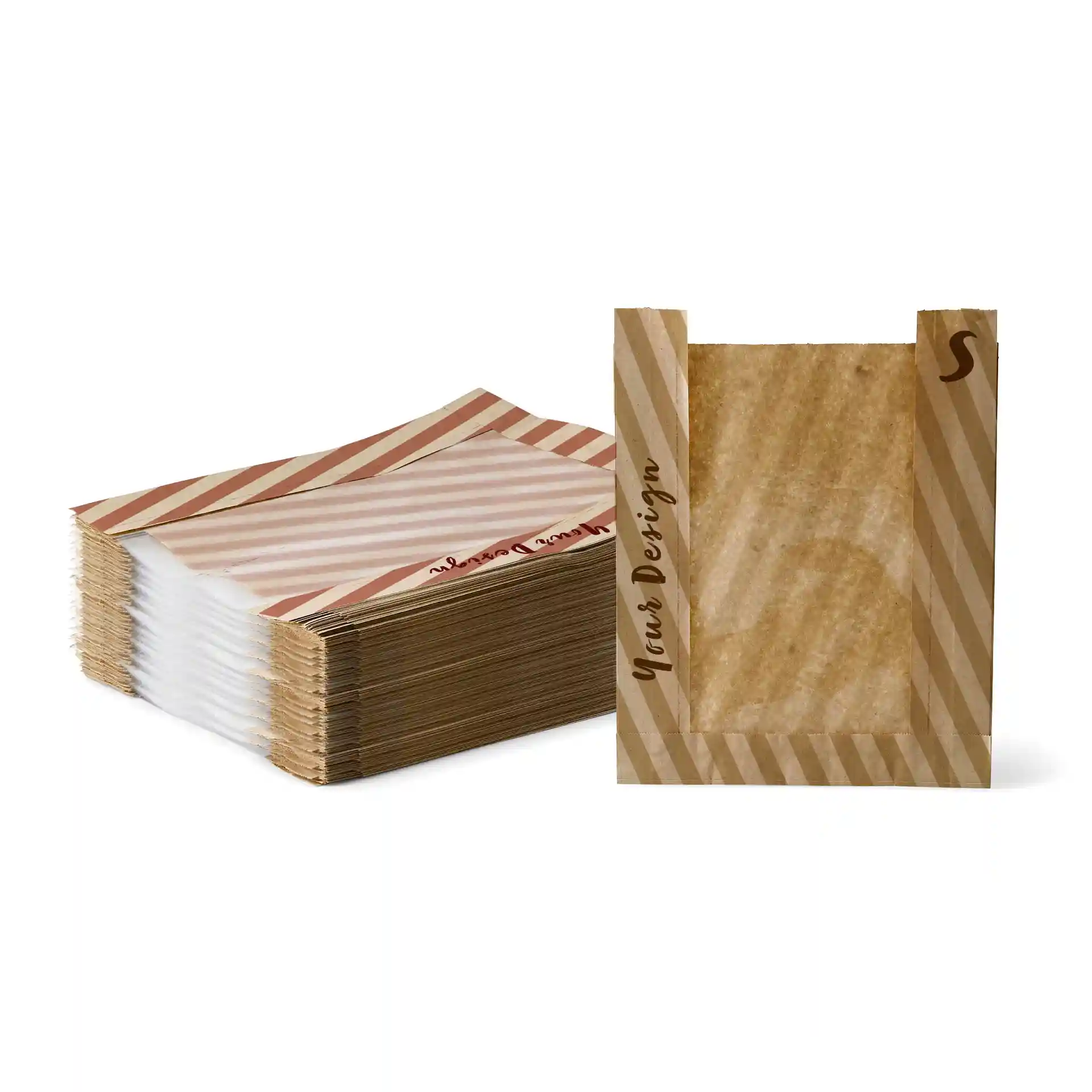 Empilement de sacs en papier imprimés avec fenêtre, design marron et motif rayé, taille S, 20 × 5 × 27 cm.