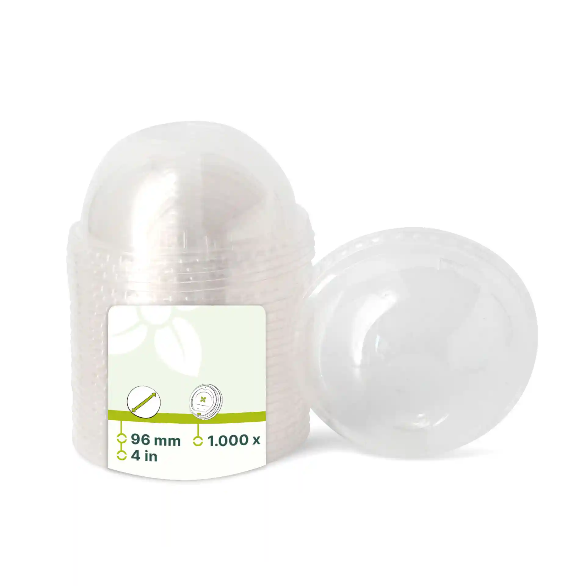 Couvercle en PLA transparent de 96 mm de diamètre, présenté avec une étiquette et un autre couvercle à côté.