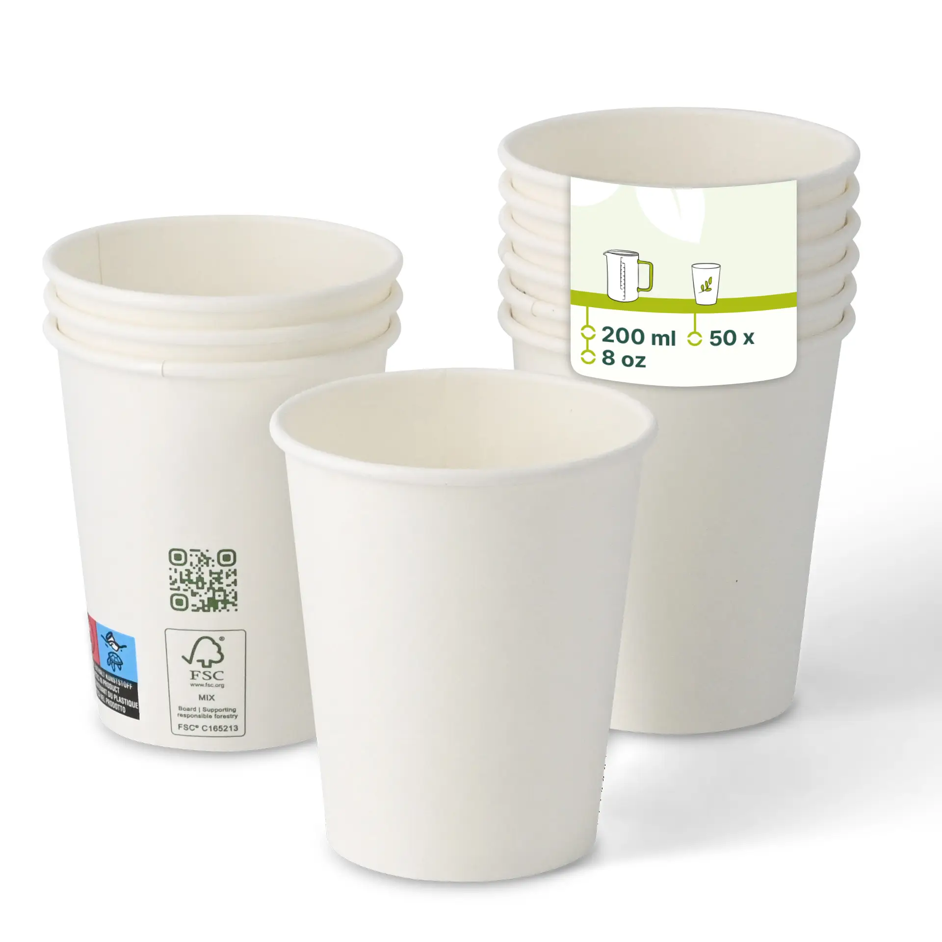 Gobelet en papier simple paroi, 200 ml / 8 oz, blanc avec revêtement PLA ; code QR pour informations sur le produit ; plusieurs gobelets empilés.