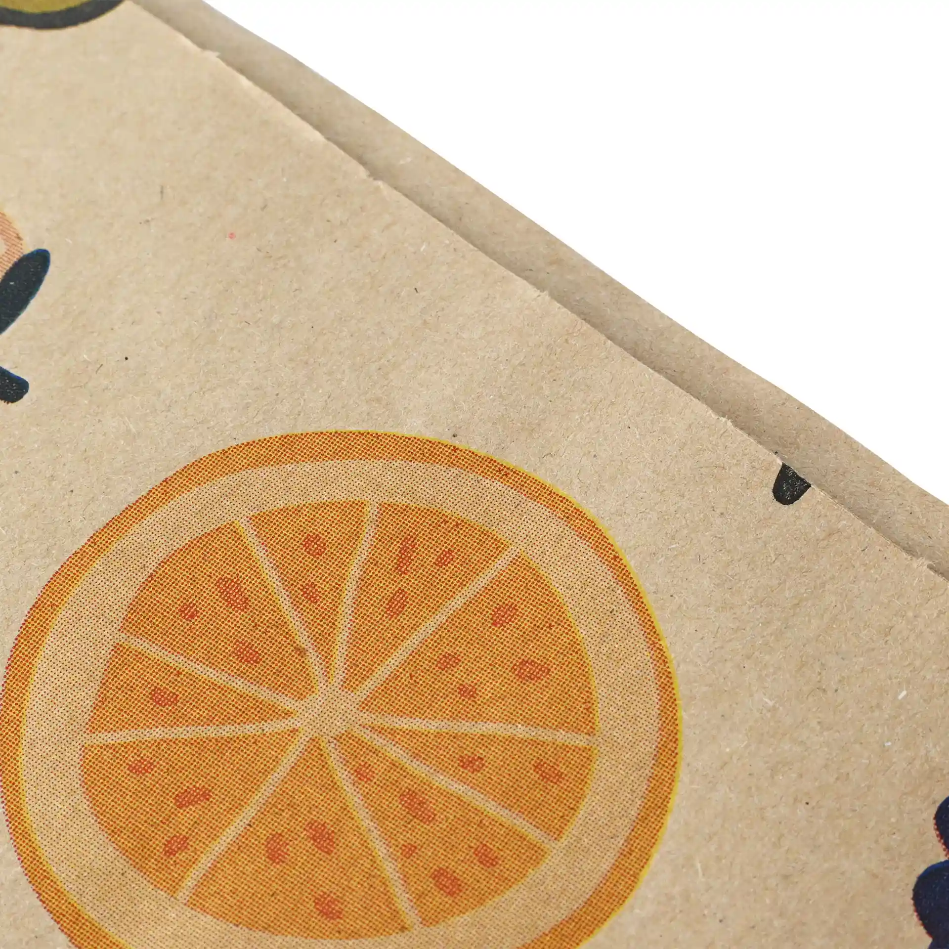 Sac en papier brun avec un motif de fruits, présentant une illustration d'une tranche d'orange.
