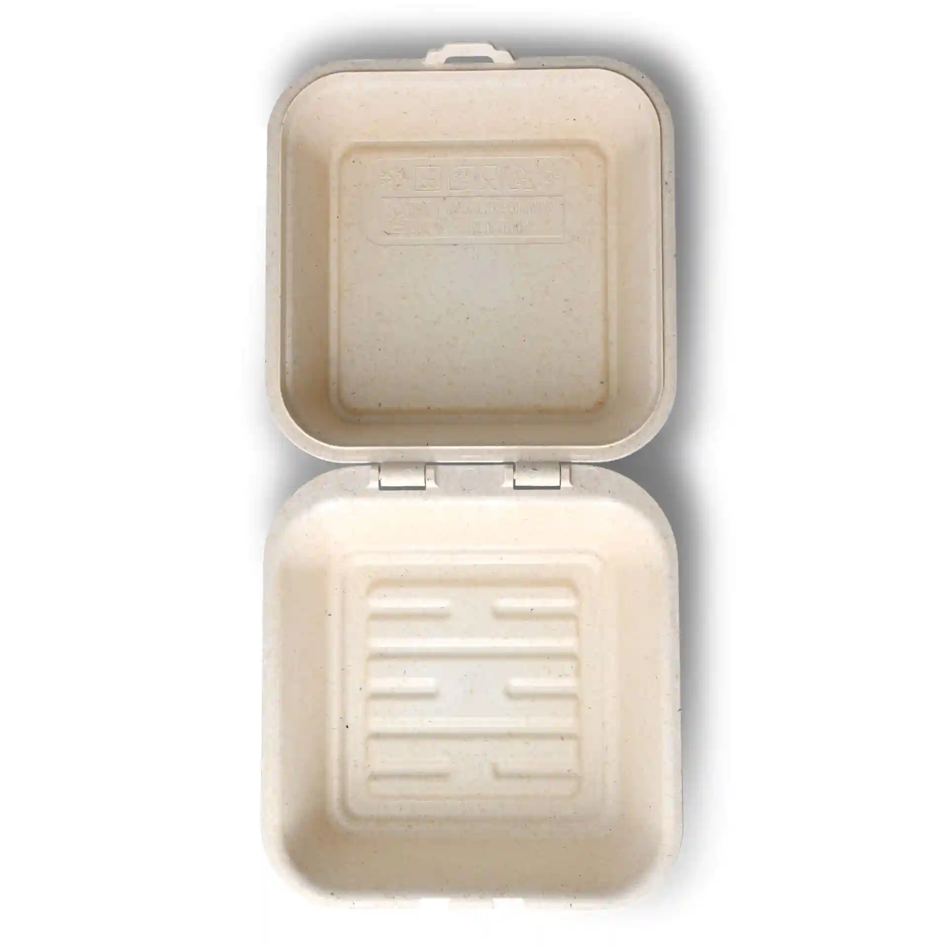 Boîte à burger réutilisable blanche crémeuse avec couvercle à charnière et rainures intérieures, mesurant 16 x 15 x 8,5 cm.
