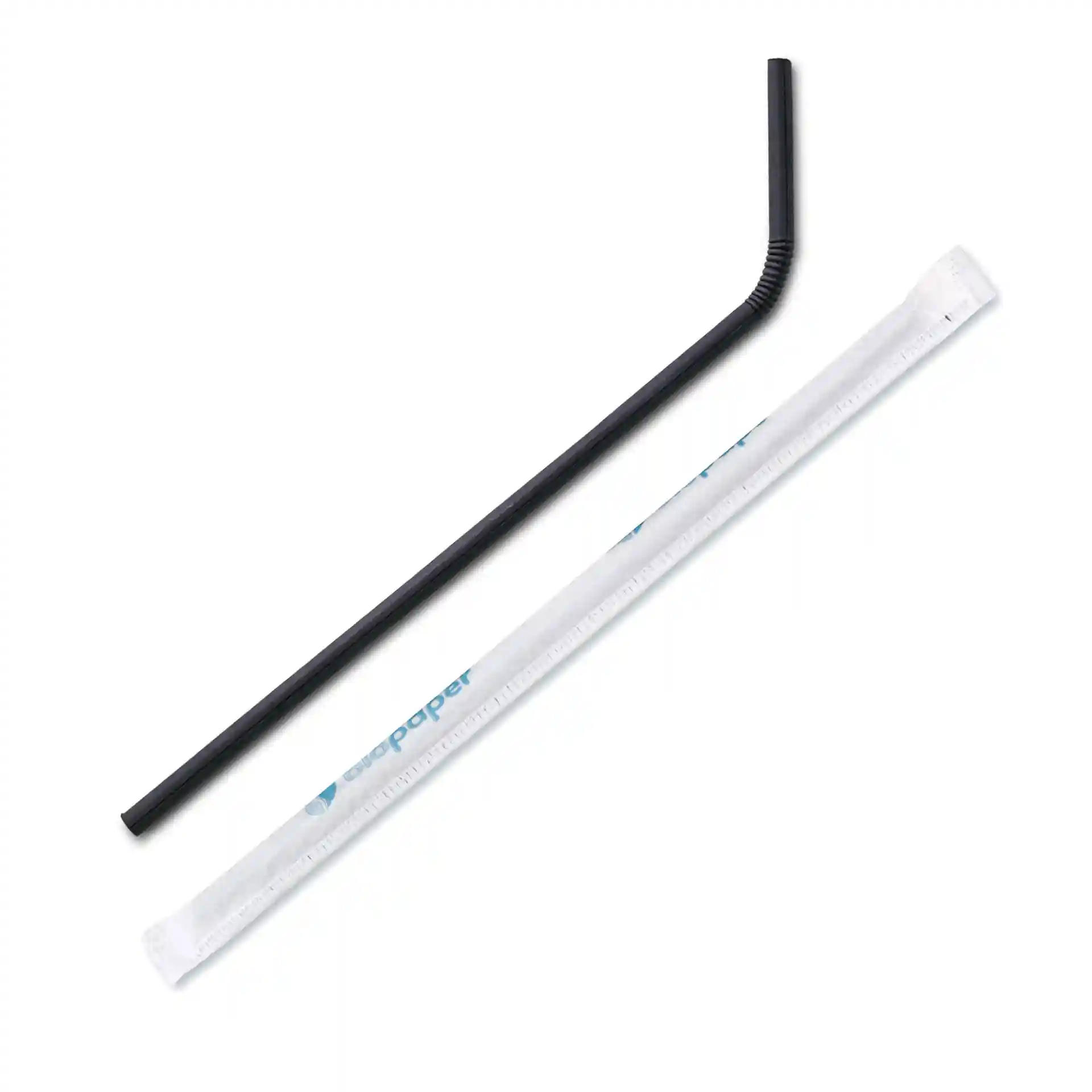 Paille en papier noire flexible, 22 cm de long et 0,5 cm de diamètre, avec un design enroulé.