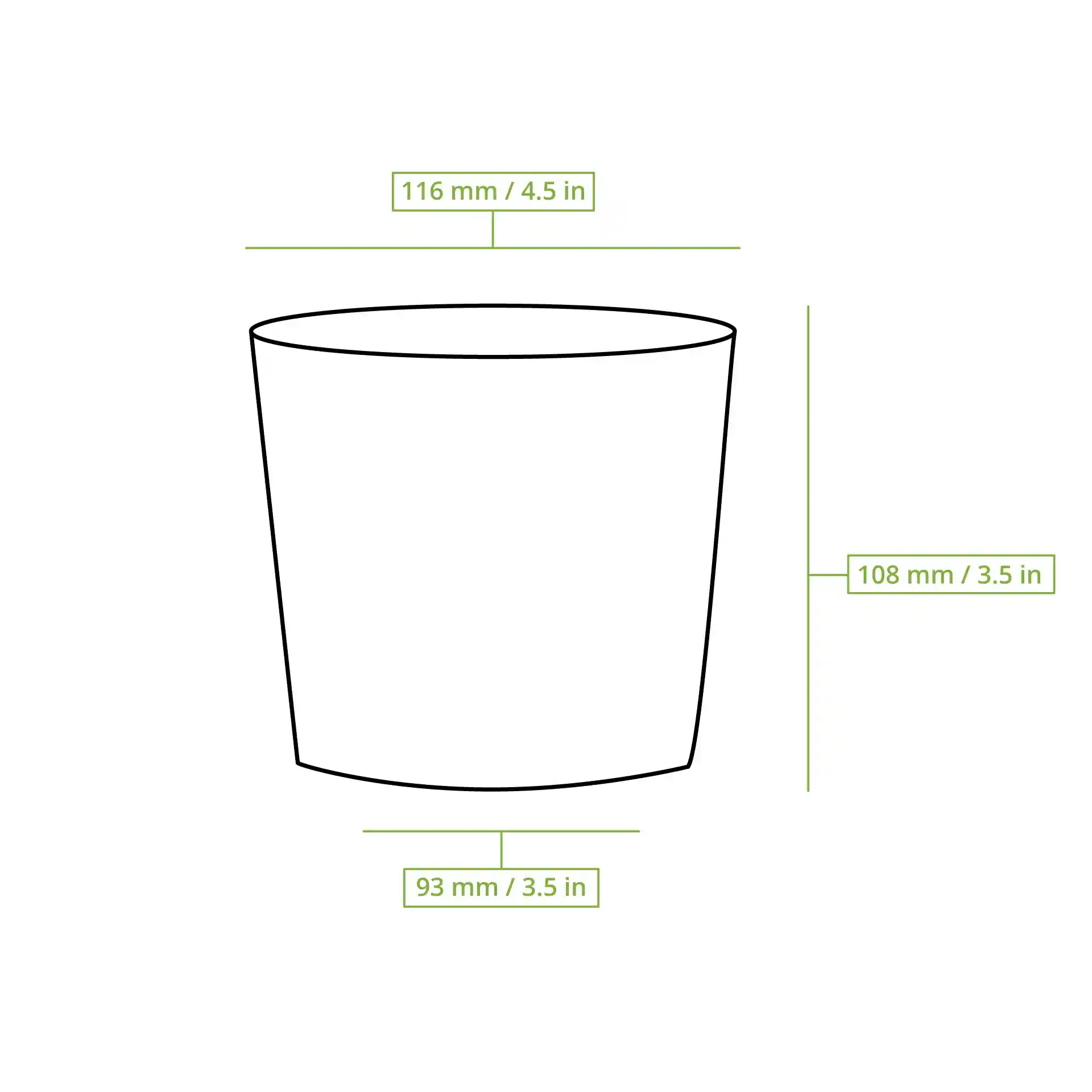 Dessin schématique d'un bol rond avec dimensions : hauteur 108 mm, diamètre supérieur 115 mm, diamètre inférieur 93 mm.
