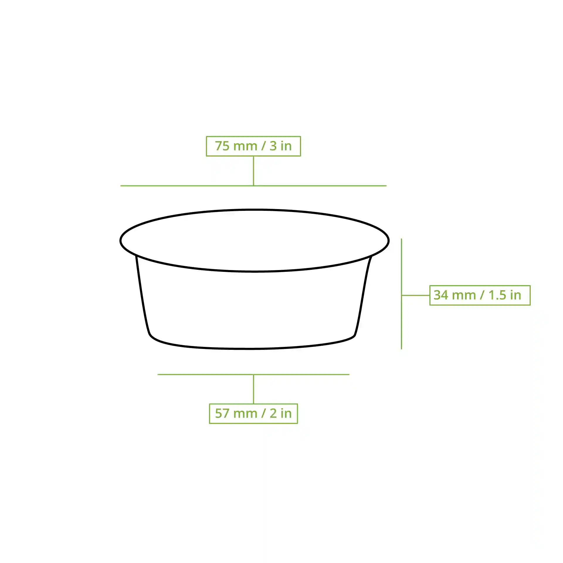 Dessin schématique d'une casserole ronde avec dimensions : 75 mm de diamètre, 34 mm de hauteur et 57 mm de diamètre de fond.