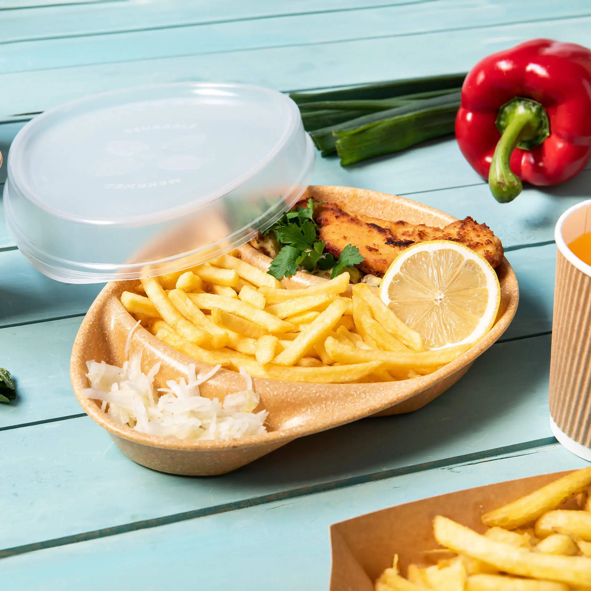 Assiette ovale réutilisable "merways Plate" 27,5 x 20 x 3,5 cm, 3 compartiments, caramel / brun dfc008351-mehrweg-menue-teller-merways-plate-275-x-20-x-35-cm-3-kammern-tropfenfoermig-karamell-braun-6