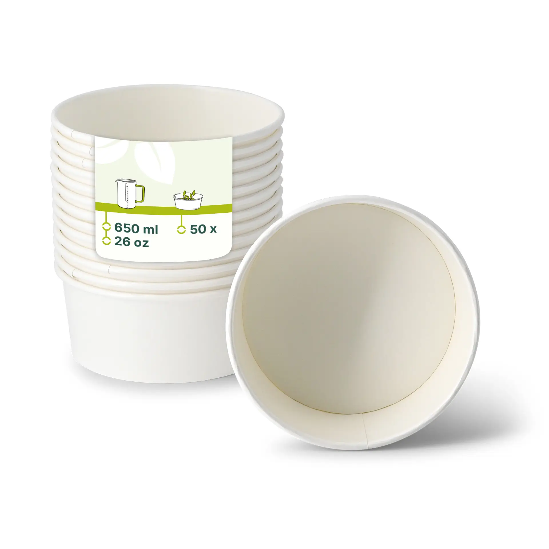 Un bol à salade en papier blanc avec un intérieur enduit de PE, empilé avec plusieurs bols similaires. Le bol a une capacité de 650 ml et convient aux plats chauds et froids.