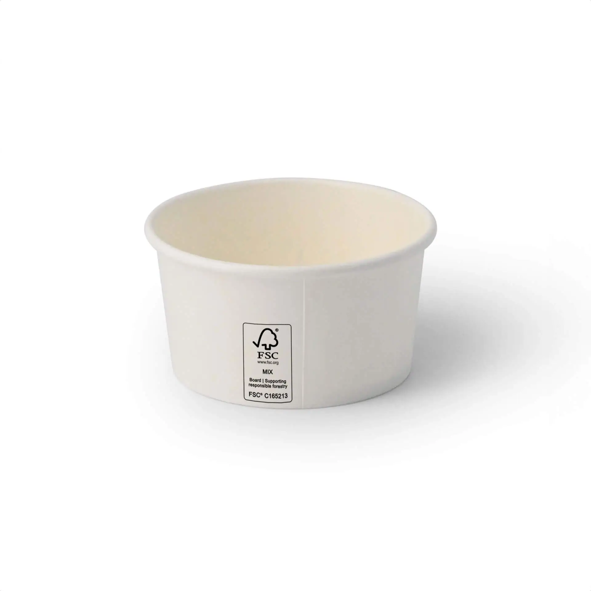 Un gobelet blanc pour glace avec revêtement PE, taille 6 oz, affichant un label FSC et le logo Climate Safe 360.