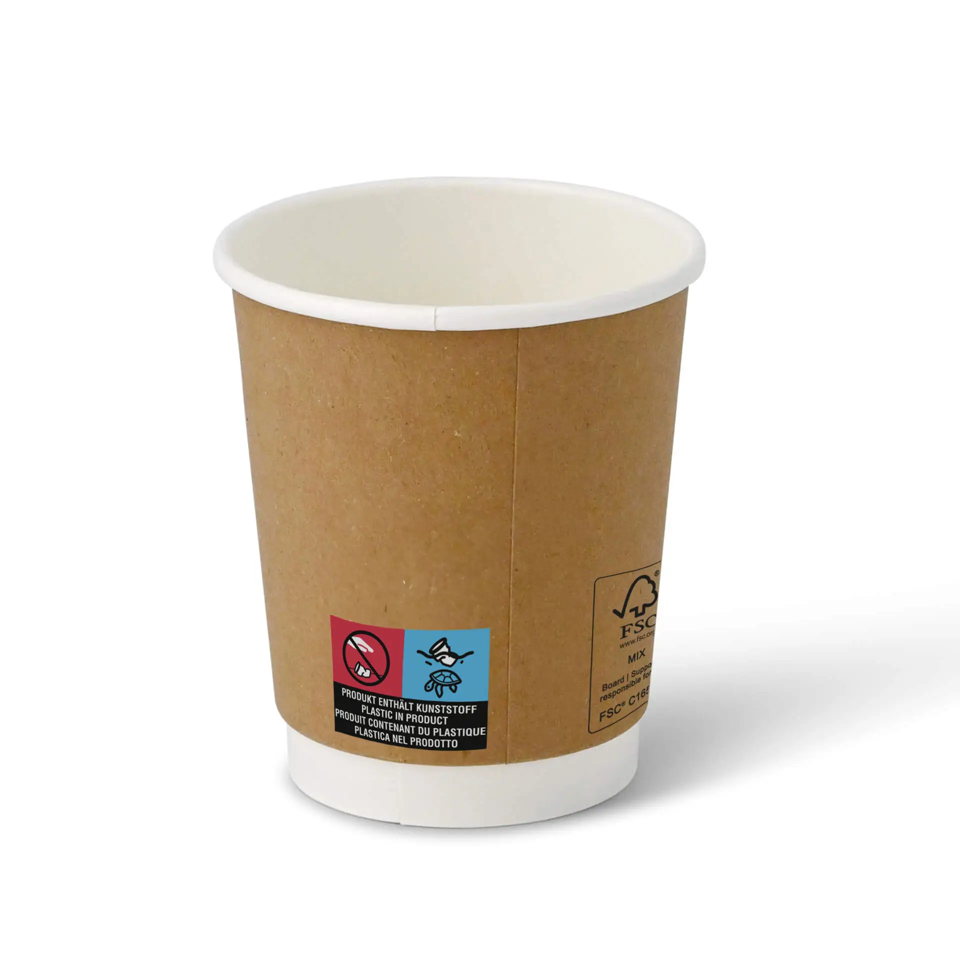 Une tasse à café marron à double paroi avec un intérieur blanc ; comportant des étiquettes et des marquages sur le côté.