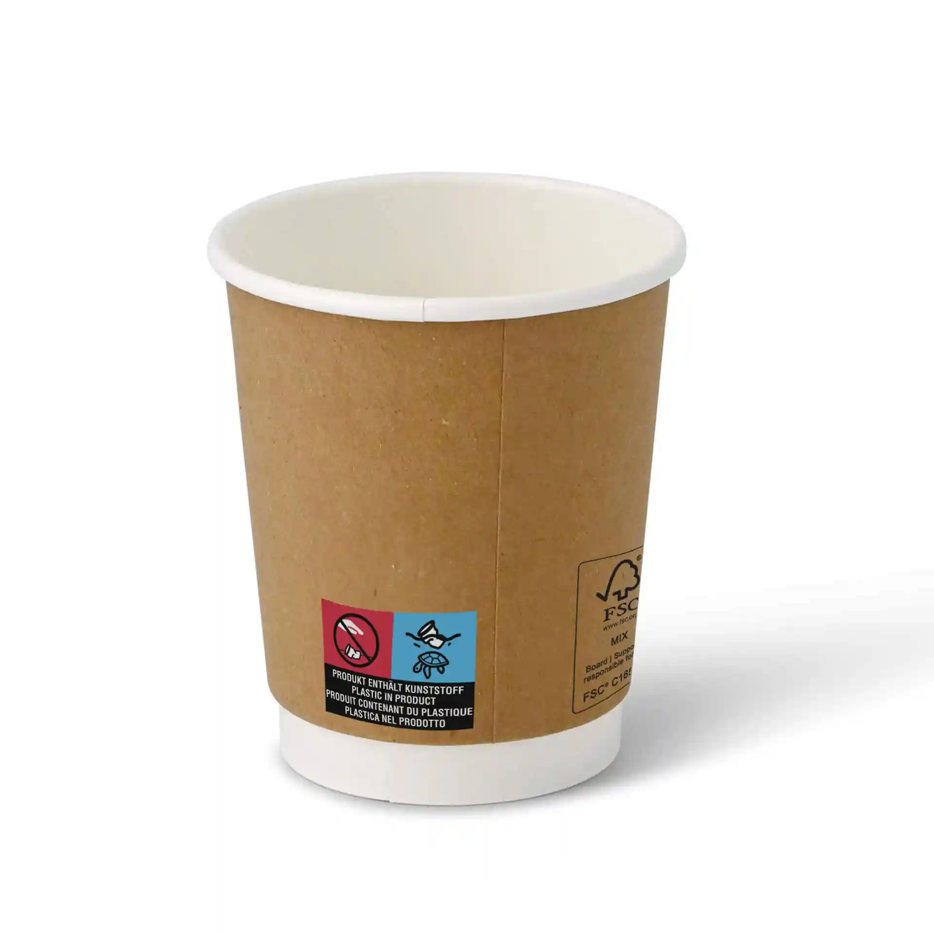 Gobelet en carton double paroi marron avec un intérieur blanc et des étiquettes visibles sur le côté.
