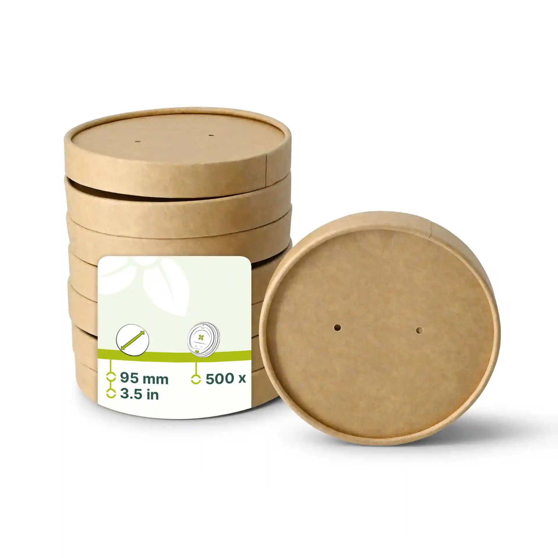 Empilement de couvercles en membrane en carton brun, 95 mm de diamètre, avec une étiquette indiquant les dimensions et la quantité.