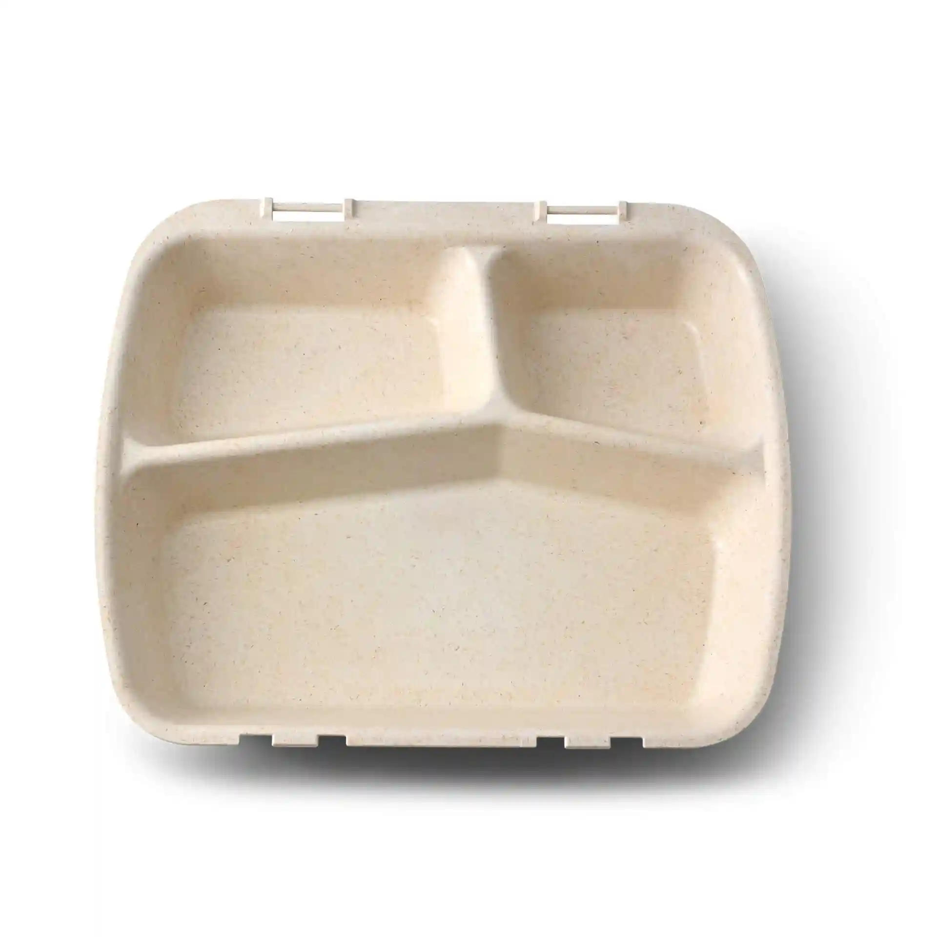 Conteneur de repas réutilisable avec trois compartiments, couleur blanc crème, dimensions 24,5 x 20 x 4,5 cm.