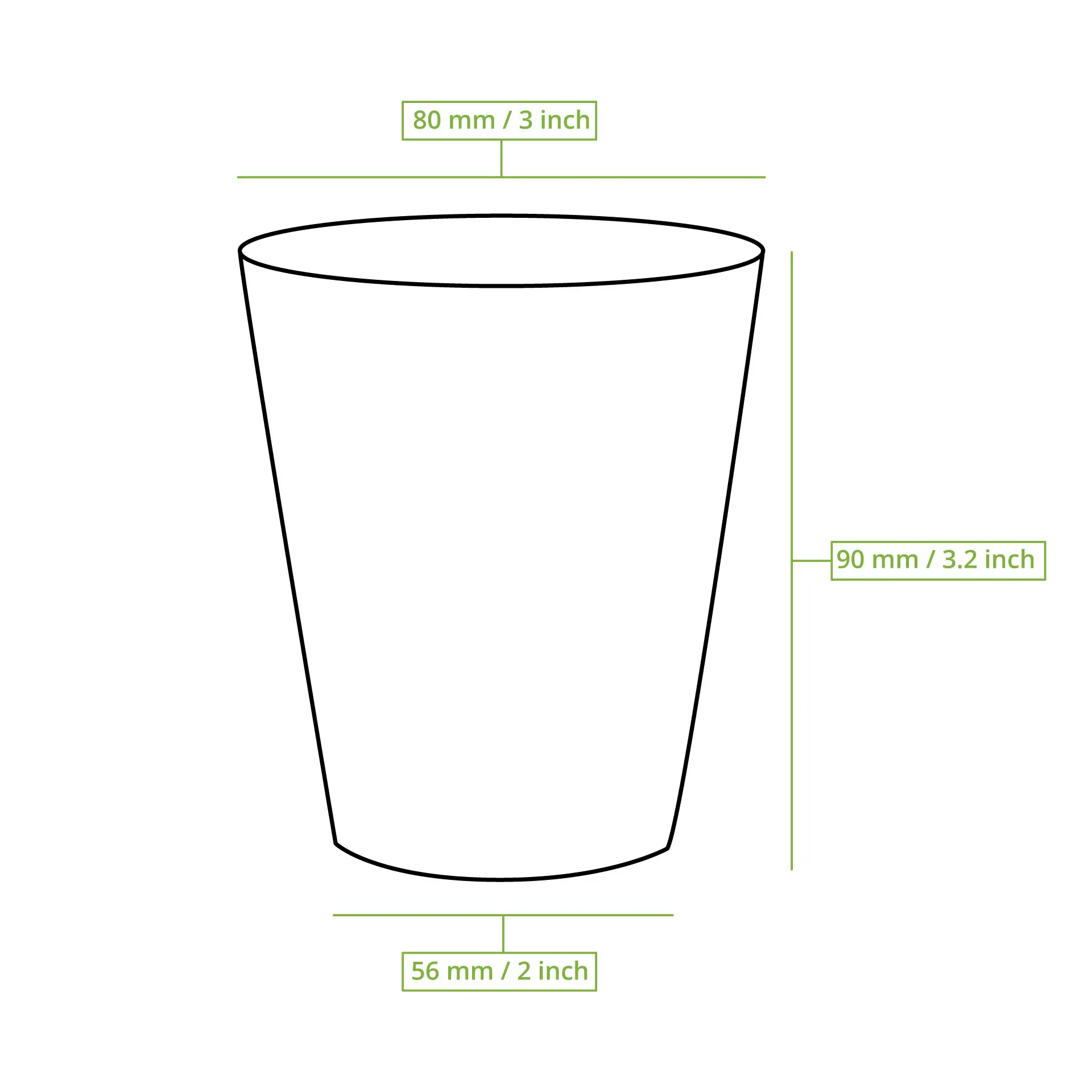 Dessin schématique d'un gobelet avec dimensions : hauteur 90 mm, diamètre supérieur 80 mm, diamètre inférieur 56 mm.