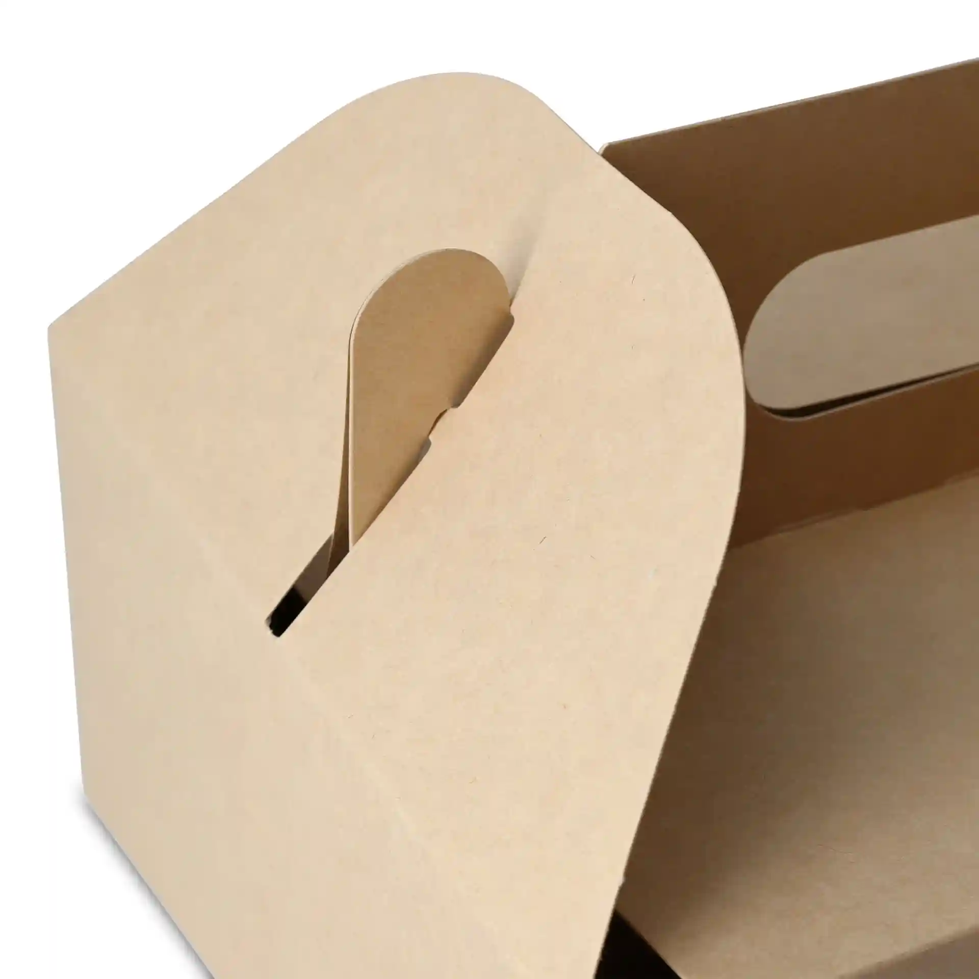 Boîte à pâtisserie en carton marron avec poignée, forme rectangulaire et design pliable.