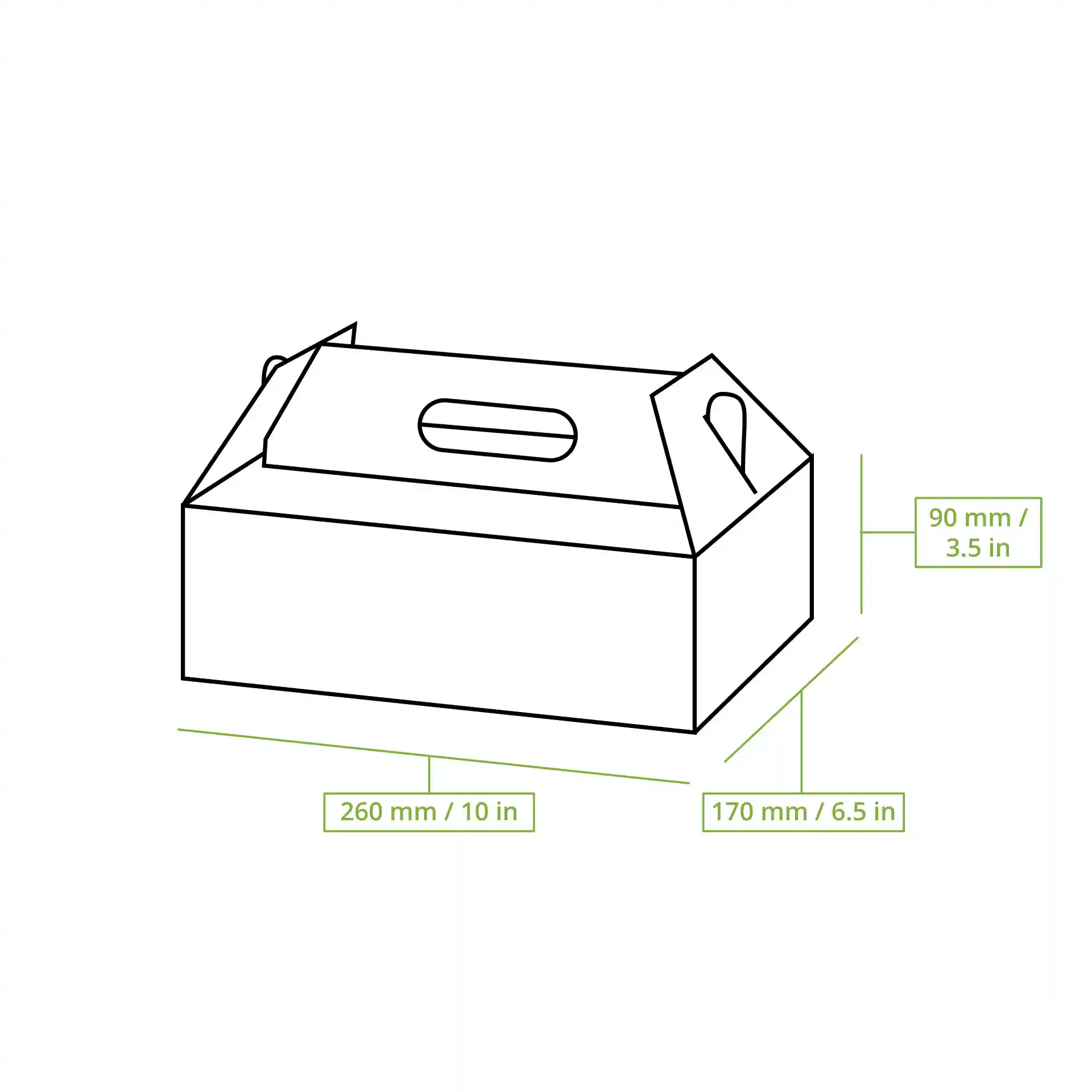 Dessin schématique d'une boîte à pâtisserie en carton rectangulaire avec dimensions indiquées : 260 mm de longueur, 170 mm de largeur, 90 mm de hauteur.