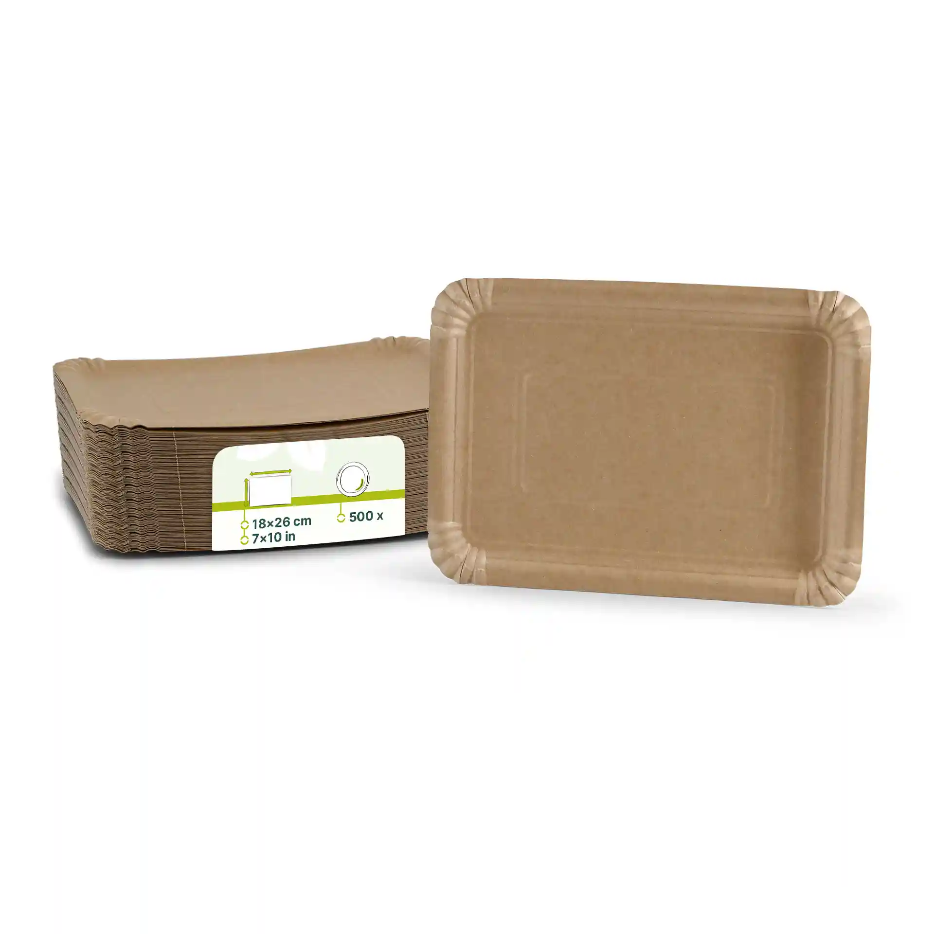 Empilement d'assiettes en papier rectangulaires brunes, 18 x 26 cm, avec une assiette devant montrant son design peu profond.