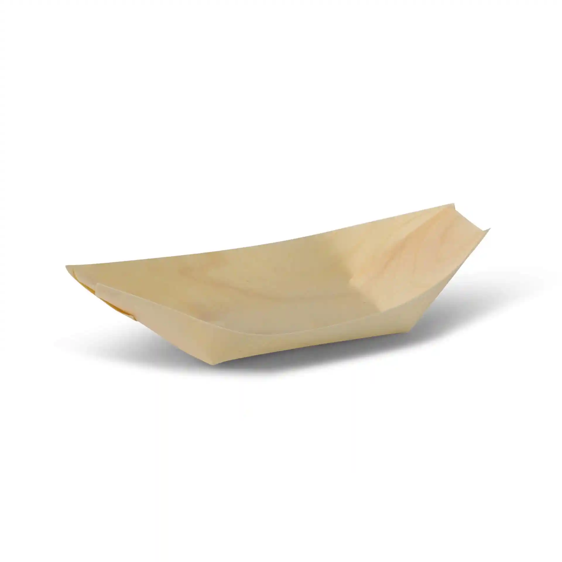 Plateau de service en bois en forme de bateau, marron clair, mesurant 17 cm de long, 9,5 cm de large et 3,6 cm de haut.