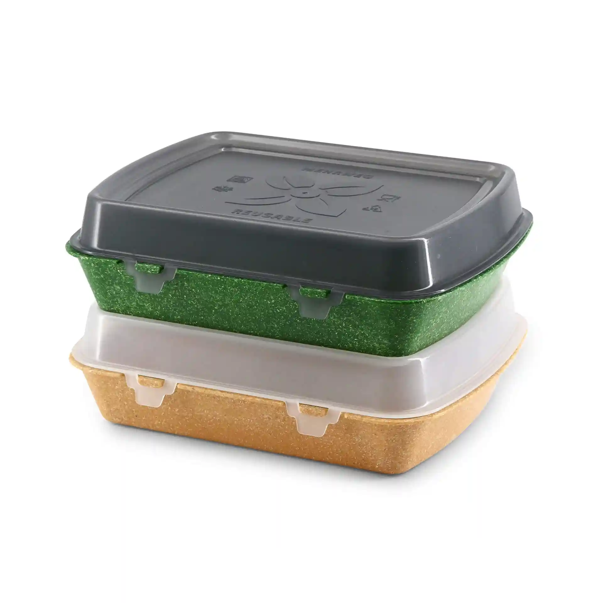 Contenants de menu réutilisables empilés en vert, vert foncé et beige, de forme rectangulaire avec des couvercles.