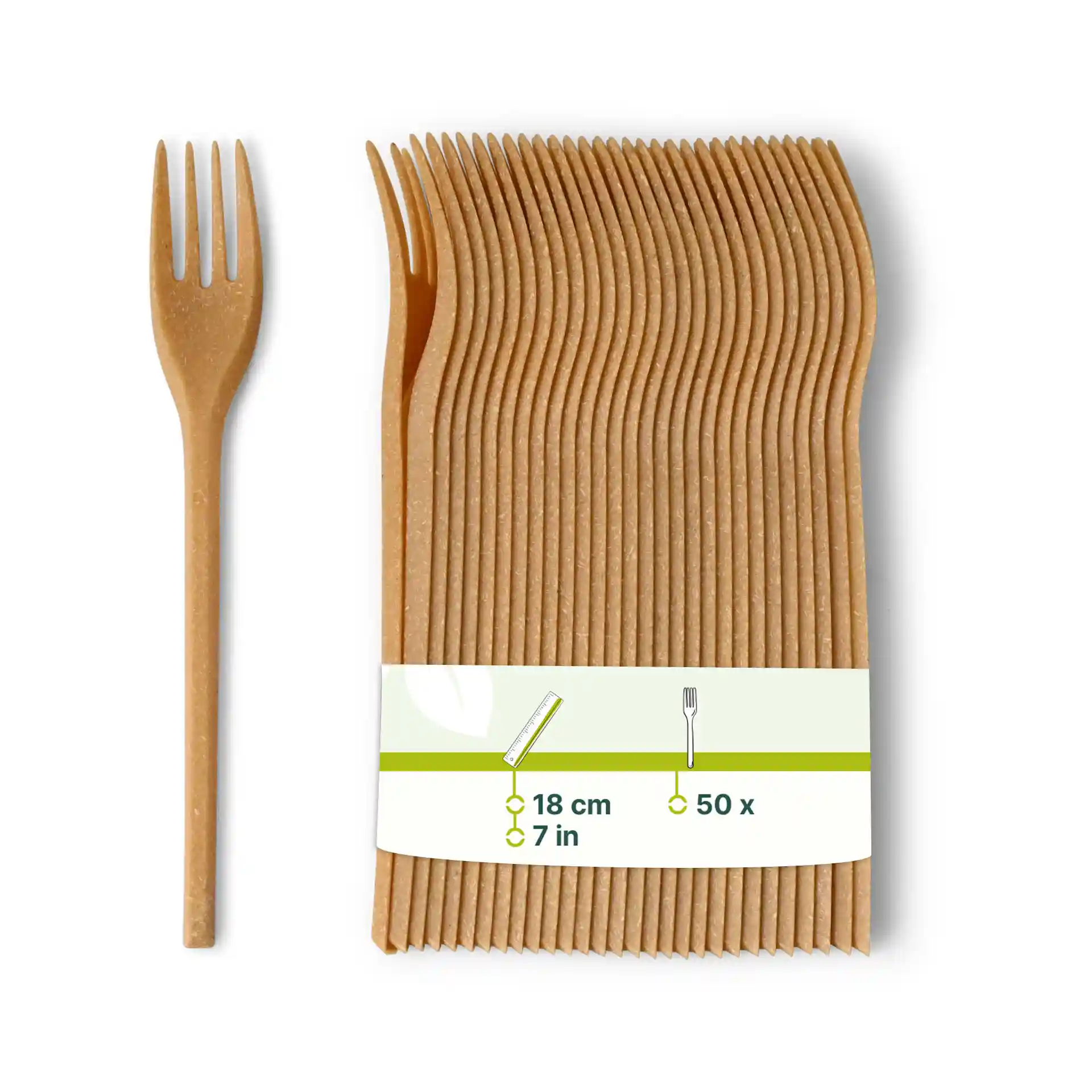Fourchette réutilisable marron en composé bio, 18 cm de long, avec un pack de 50 fourchettes.