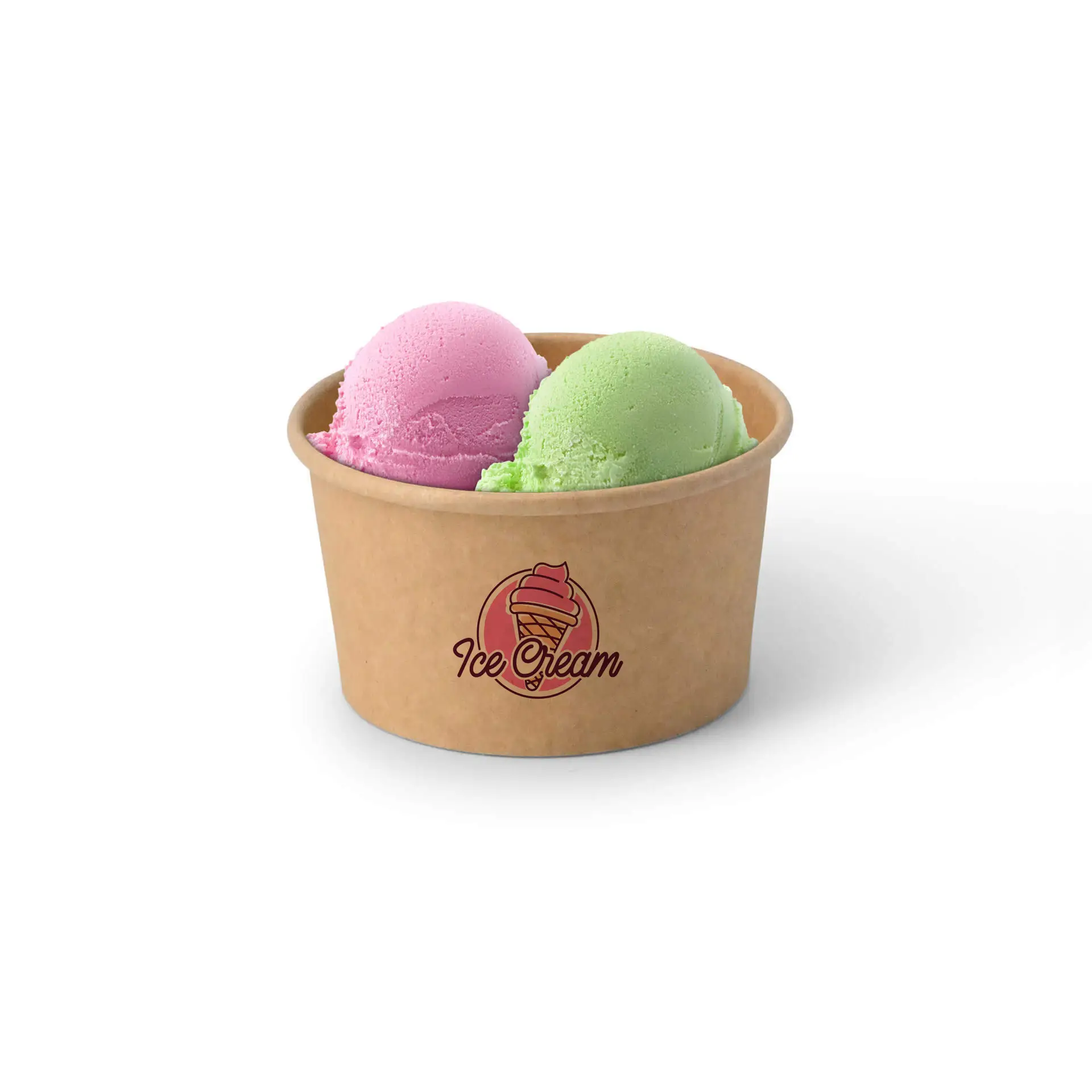 Gobelet à glace brun personnalisé avec des boules de glace roses et vertes, arborant un logo "Ice Cream" à l'avant.