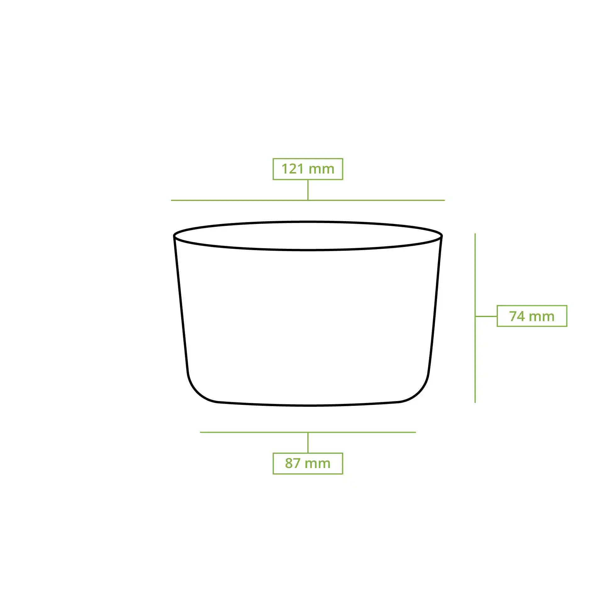 Dessin schématique d'un conteneur rond avec dimensions : 121 mm de diamètre, 74 mm de hauteur et 87 mm de diamètre de fond.