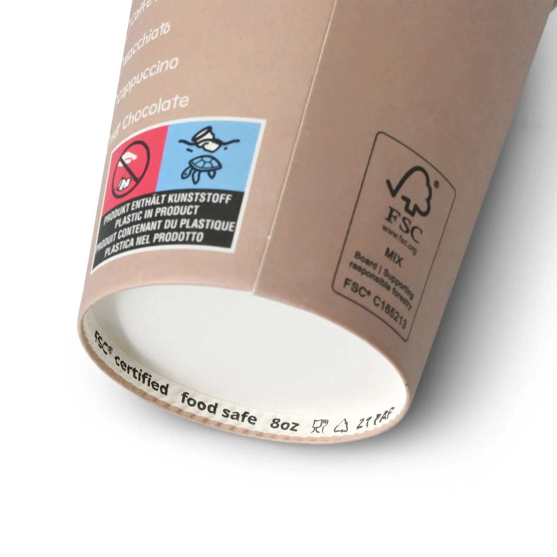 Gobelet en papier rond de 8 oz avec design imprimé, intérieur blanc et diverses étiquettes à l'extérieur.