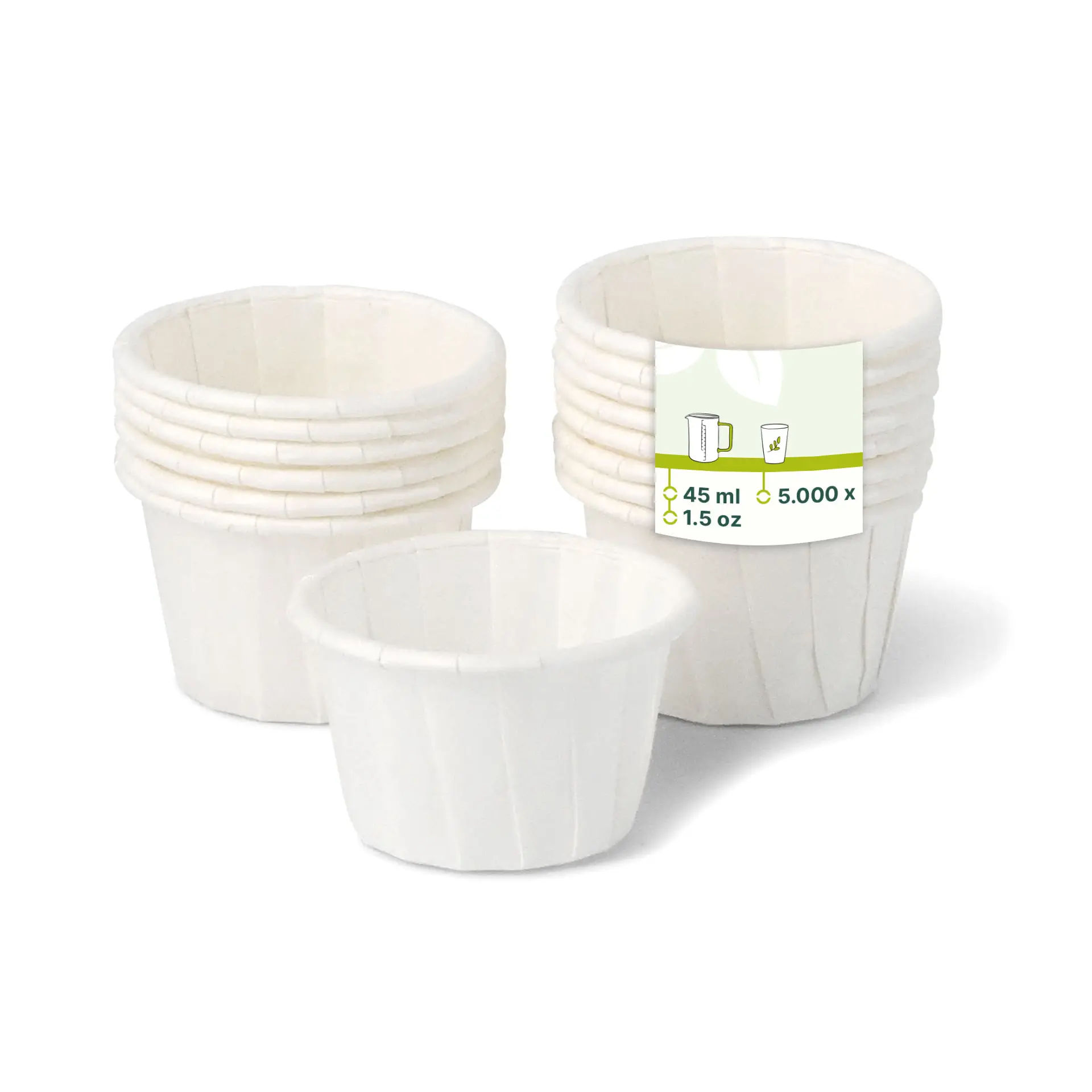 Gobelets en papier blancs avec une finition résistante aux graisses, adaptés pour les dips et petites portions, disposés avec une étiquette indiquant les détails de capacité.