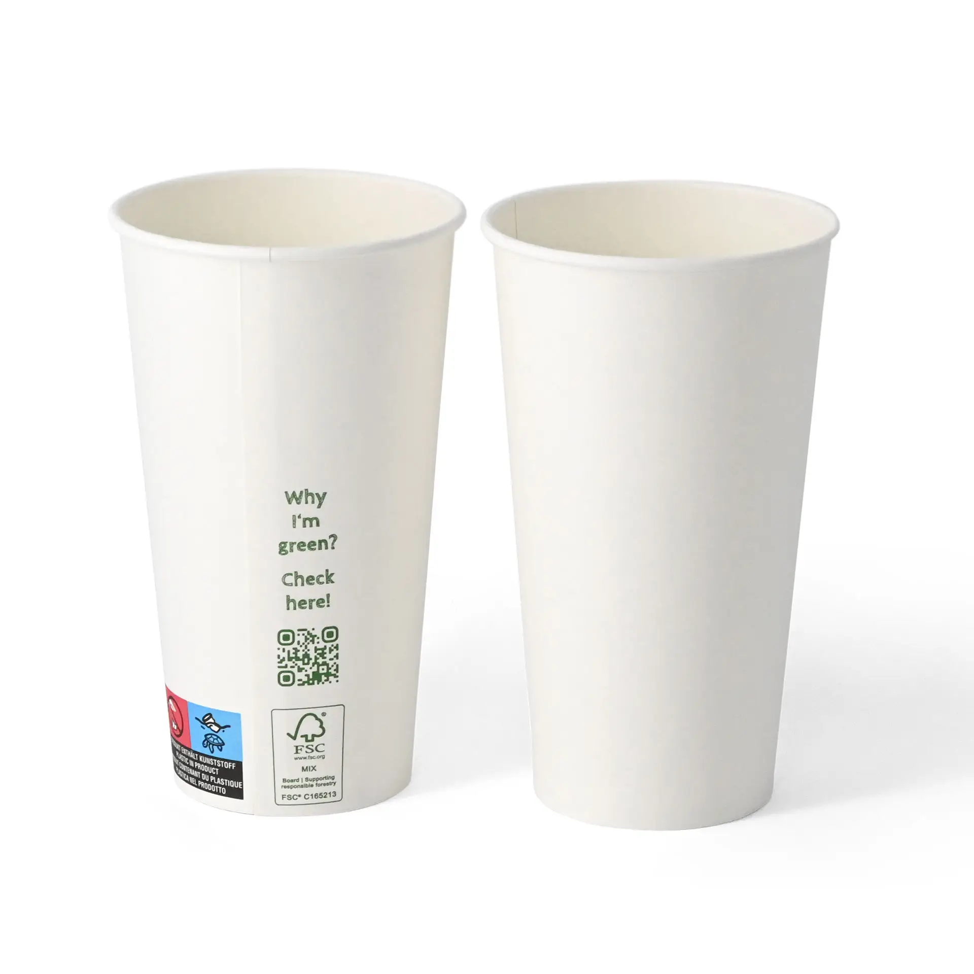 Gobelet en papier blanc simple paroi, 500 ml, revêtu de PLA, avec un code QR et des informations sur la durabilité.