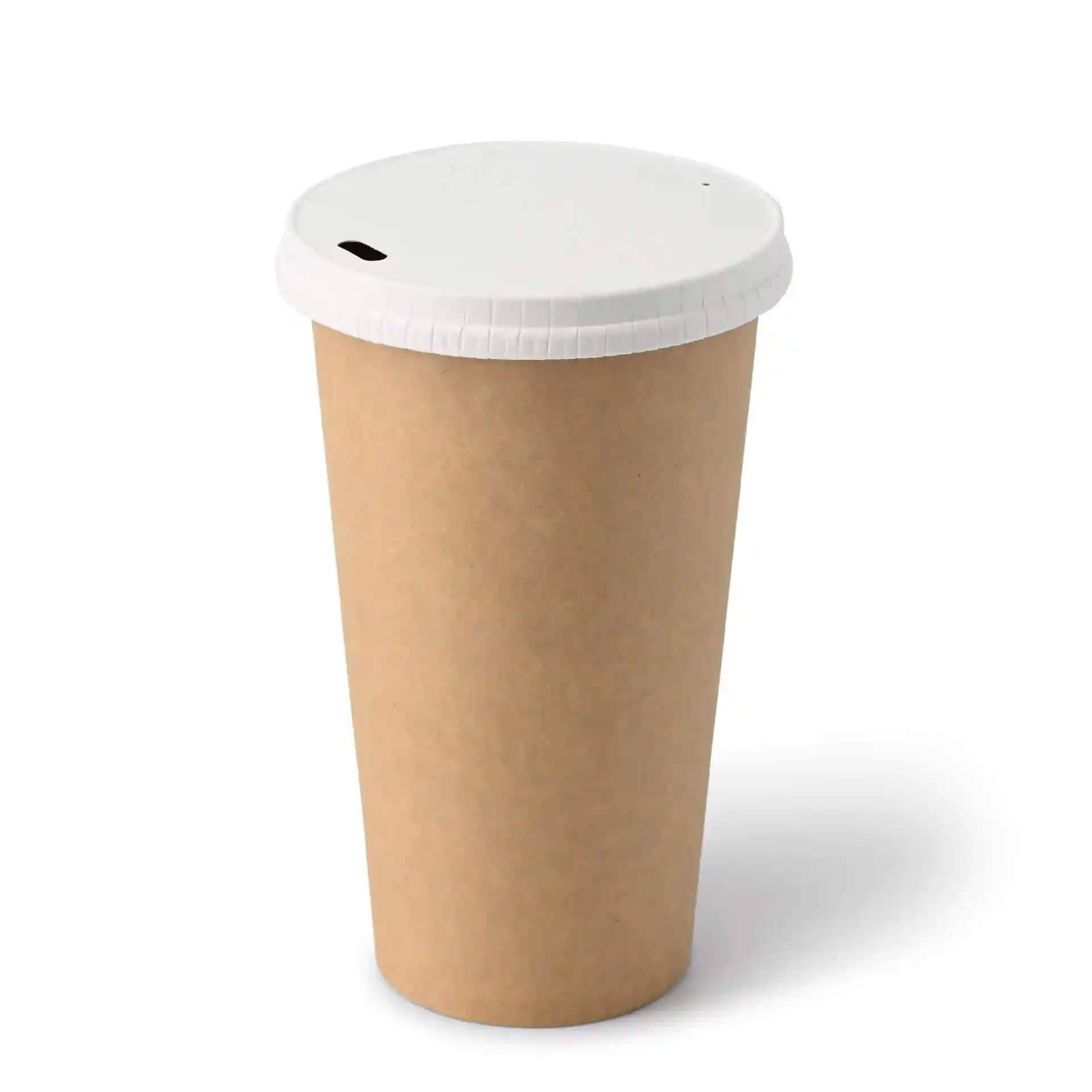 Gobelet en papier brun avec un couvercle blanc, forme ronde, capacité de 20 oz et matériau en carton enduit.