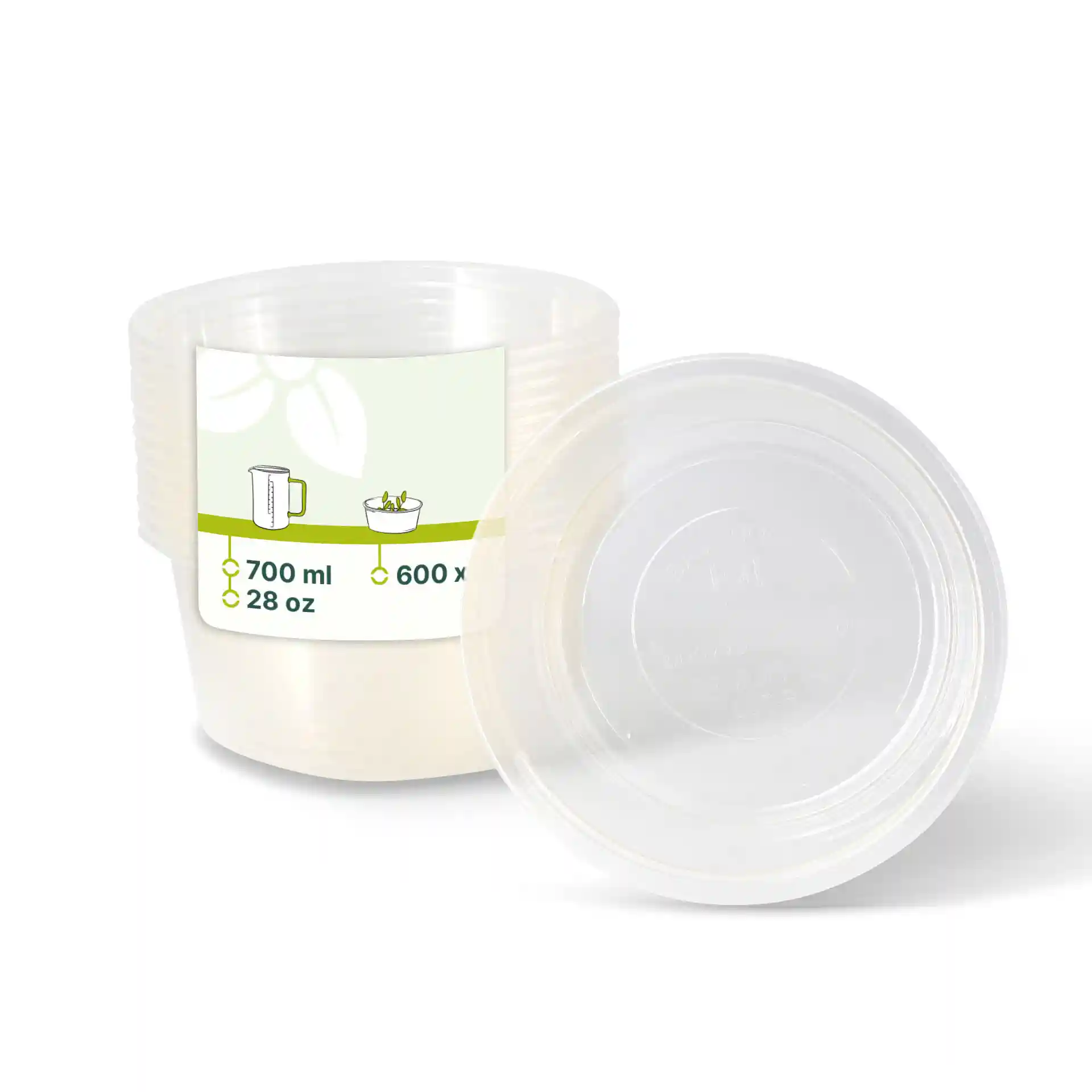 Conteneur rond transparent de 700 ml, montrant une étiquette avec des mesures et des illustrations.