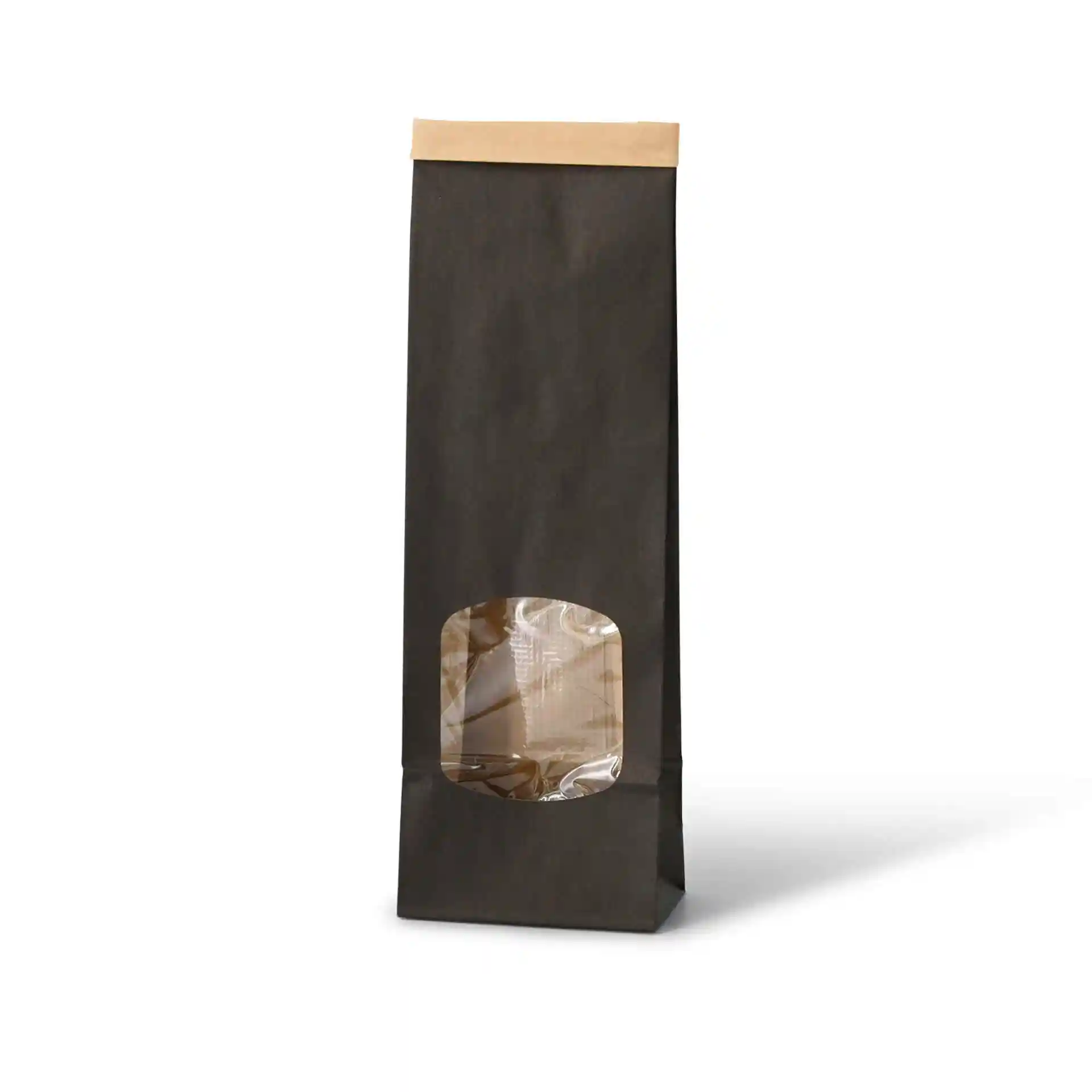 Sac à fond plat noir avec fenêtre transparente, dessus en papier kraft, dimensions 9 x 4,5 x 27,5 cm.