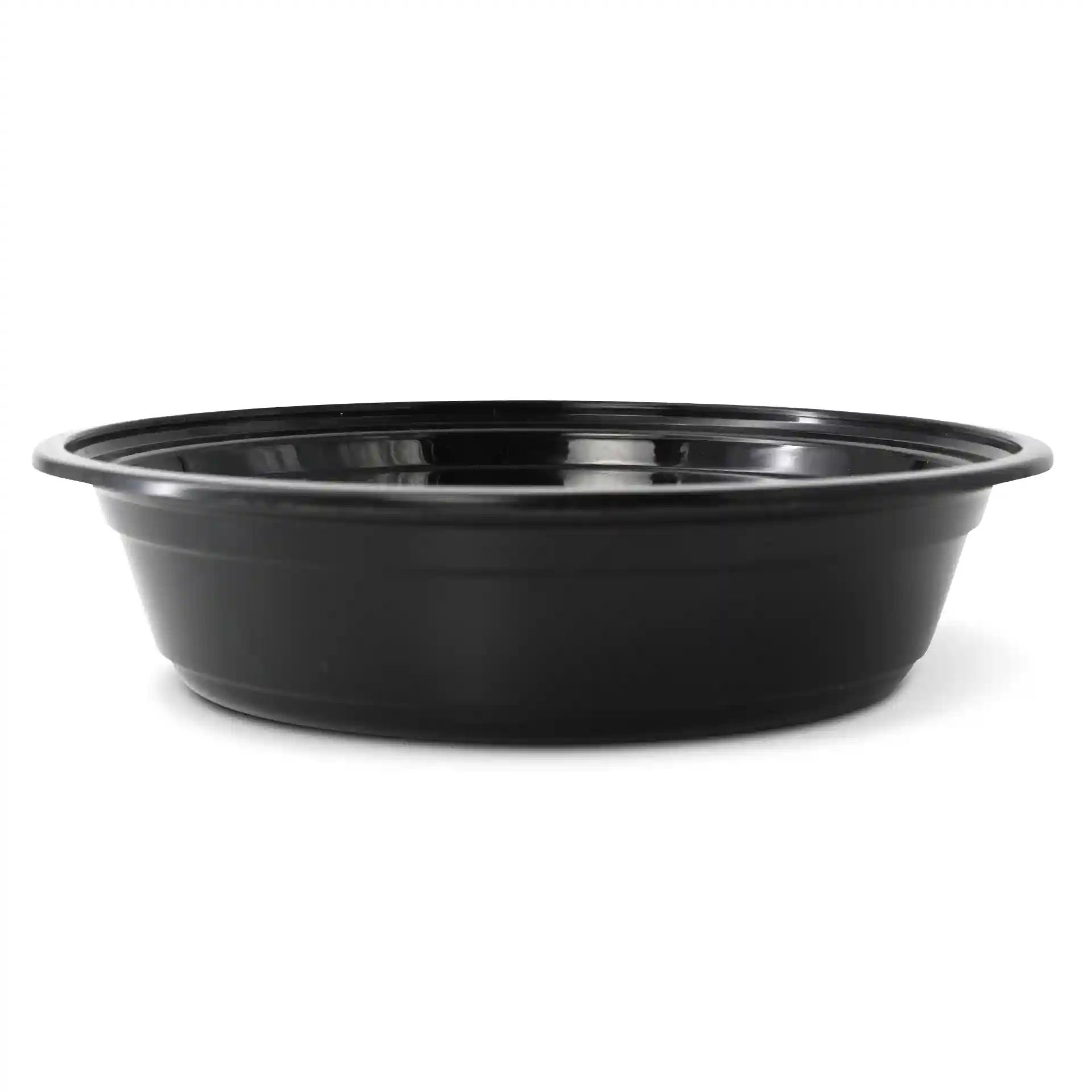 Assiette ronde réutilisable noire en polypropylène, capacité de 700 ml, diamètre de 182 mm et hauteur de 44 mm.