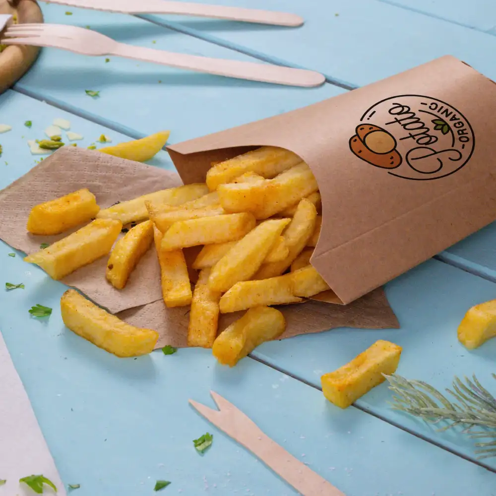 Conteneur en papier brun débordant de frites dorées sur une surface bleu clair, avec quelques frites éparpillées.
