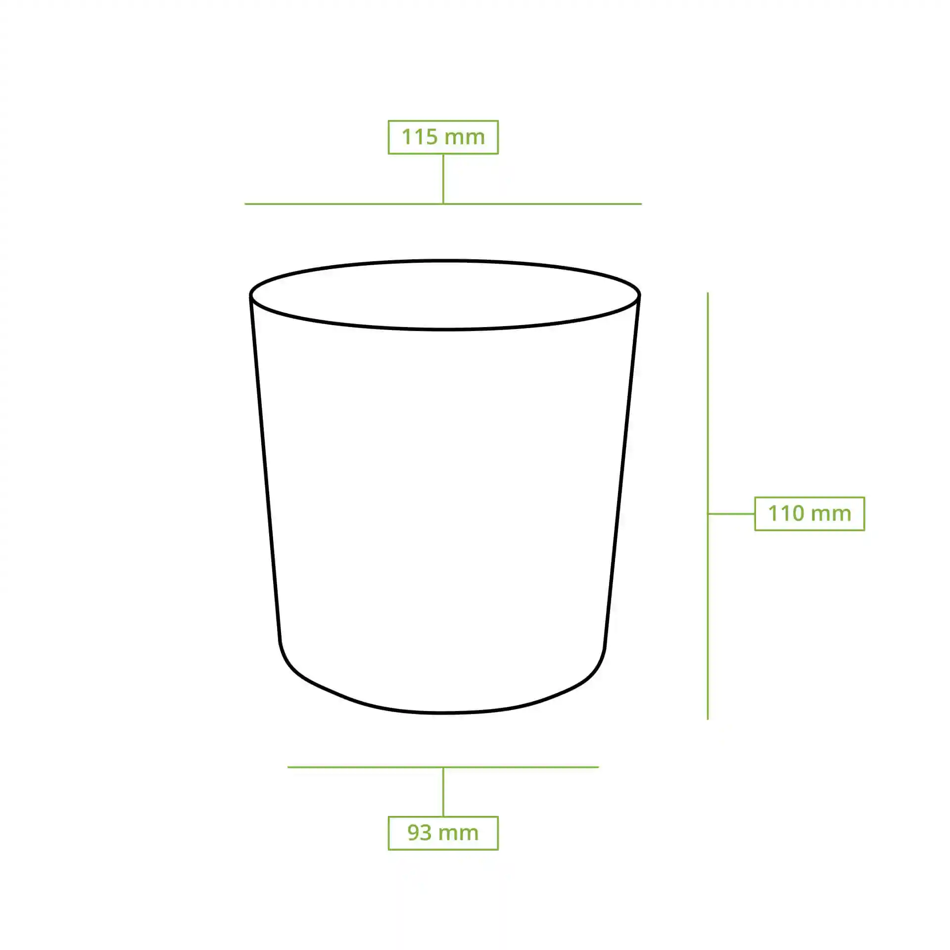 Dessin schématique d'un contenant rond à emporter pour soupe avec dimensions : hauteur 110 mm, diamètre supérieur 115 mm, diamètre inférieur 93 mm.