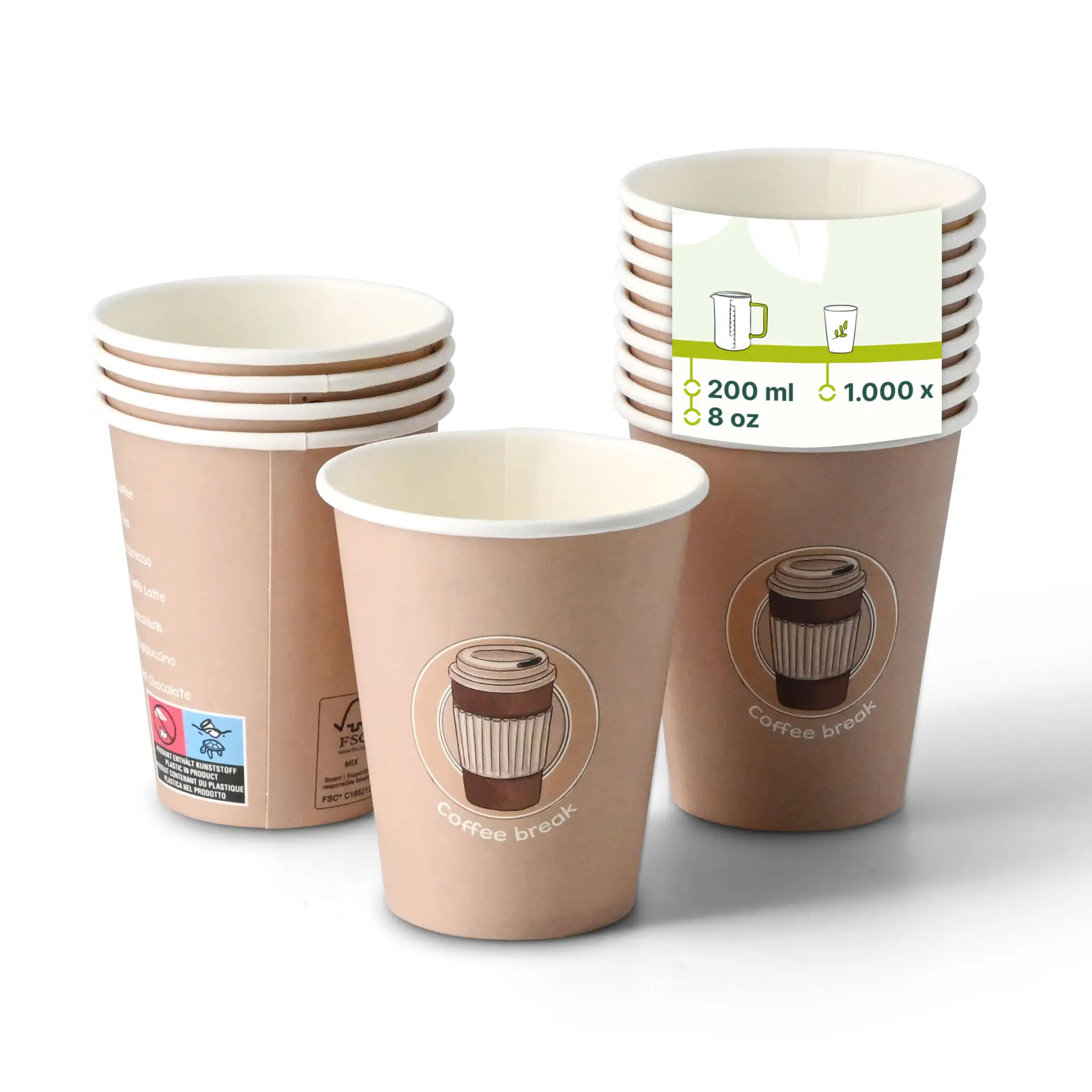 Un gobelet en papier de 8 oz avec un imprimé "Coffeebreak", entouré de plusieurs gobelets similaires ; doté d'un revêtement PE pour les boissons chaudes et froides.