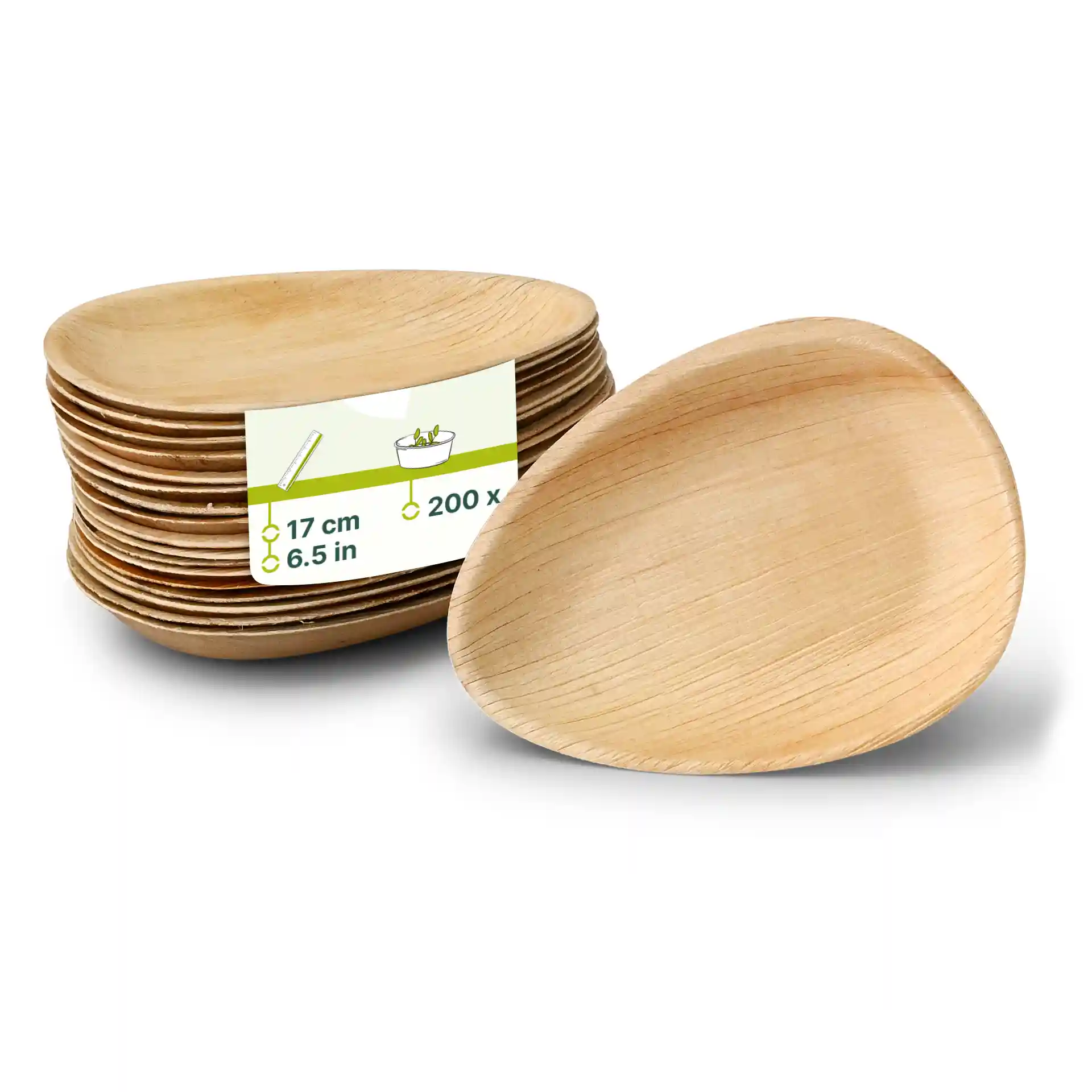 Empilement d'assiettes ovales en feuille de palmier, de 17 cm, avec une étiquette indiquant la quantité de 200 et les dimensions.